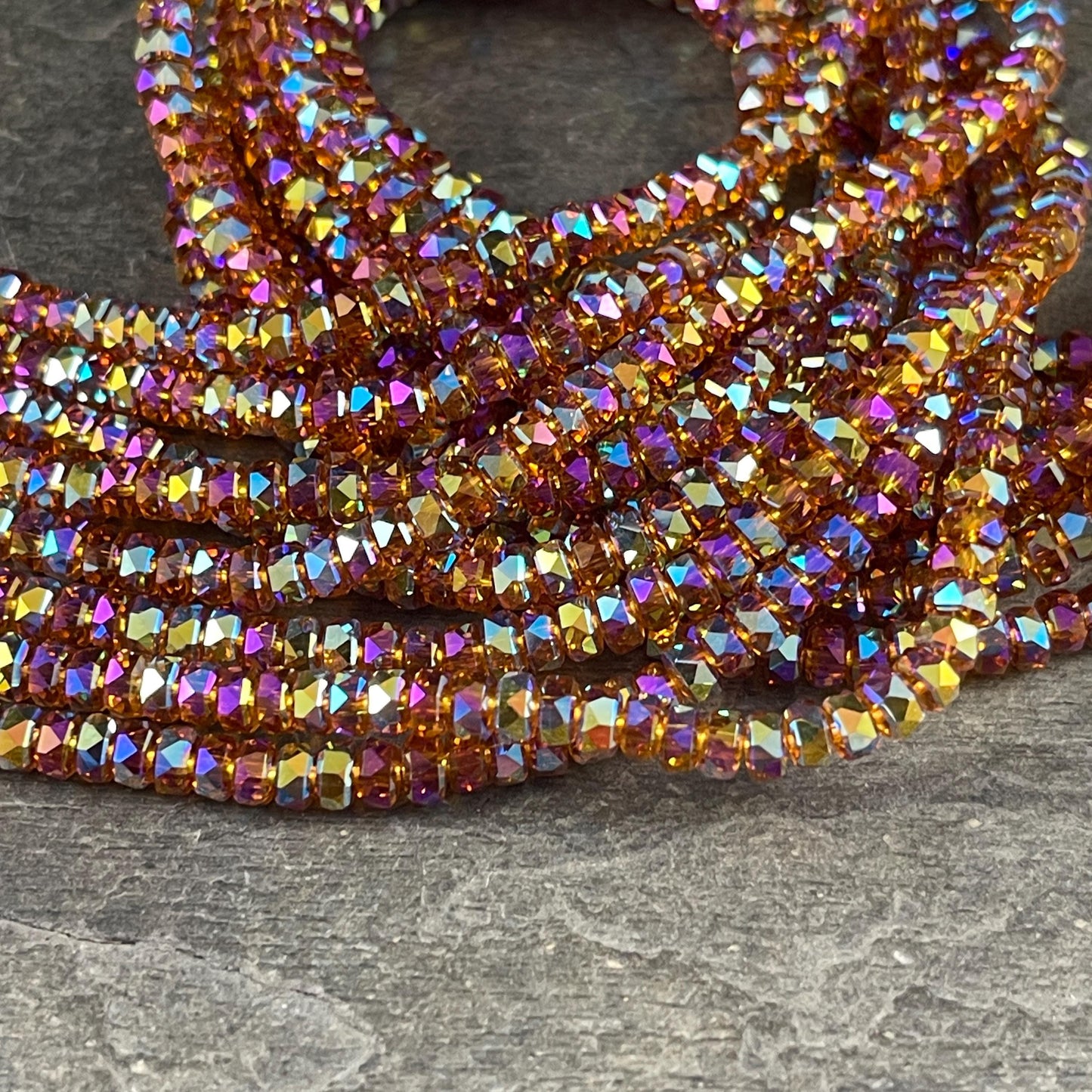 Faceted Glass Beads - 4x2.5mm Heishi Rondelles, Topaz with AB Finish (TopazAB) * 7" Strand