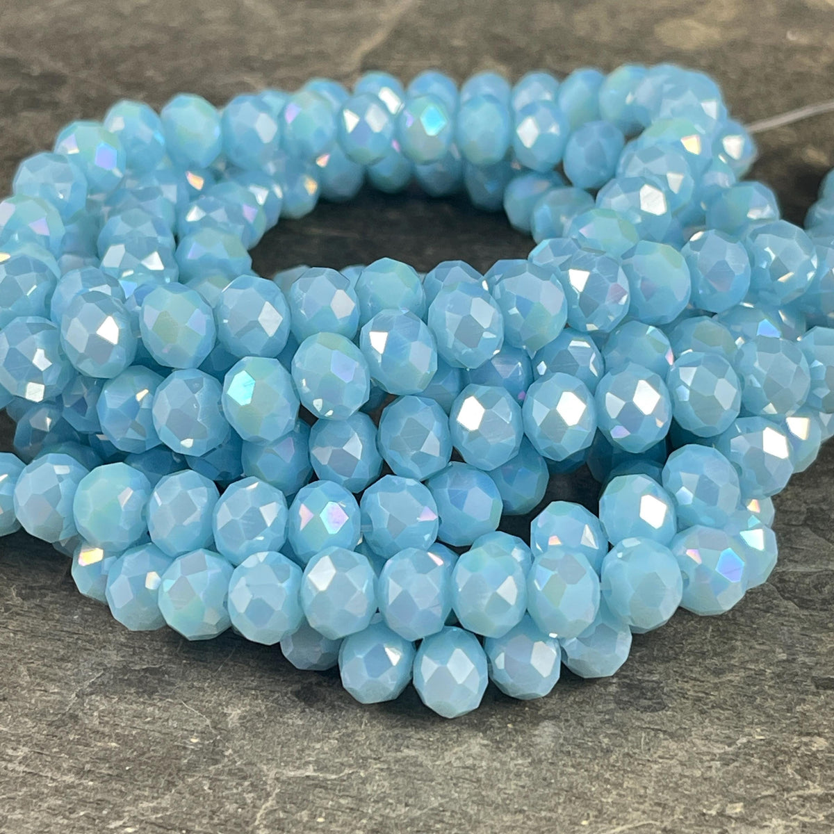 Baby Blue 8x6mm Rondelle, Pastel Blue Faceted Glass Beads with AB Finish (PastelBlueAB-8) * 36 Beads