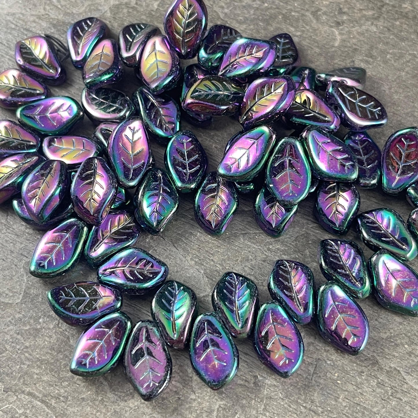 Czech Glass Beads - 15x10mm Wavy Briolette Leaf, Metallic Purple Iris Leaf Bead (FMG-7688MD) * Qty. 12
