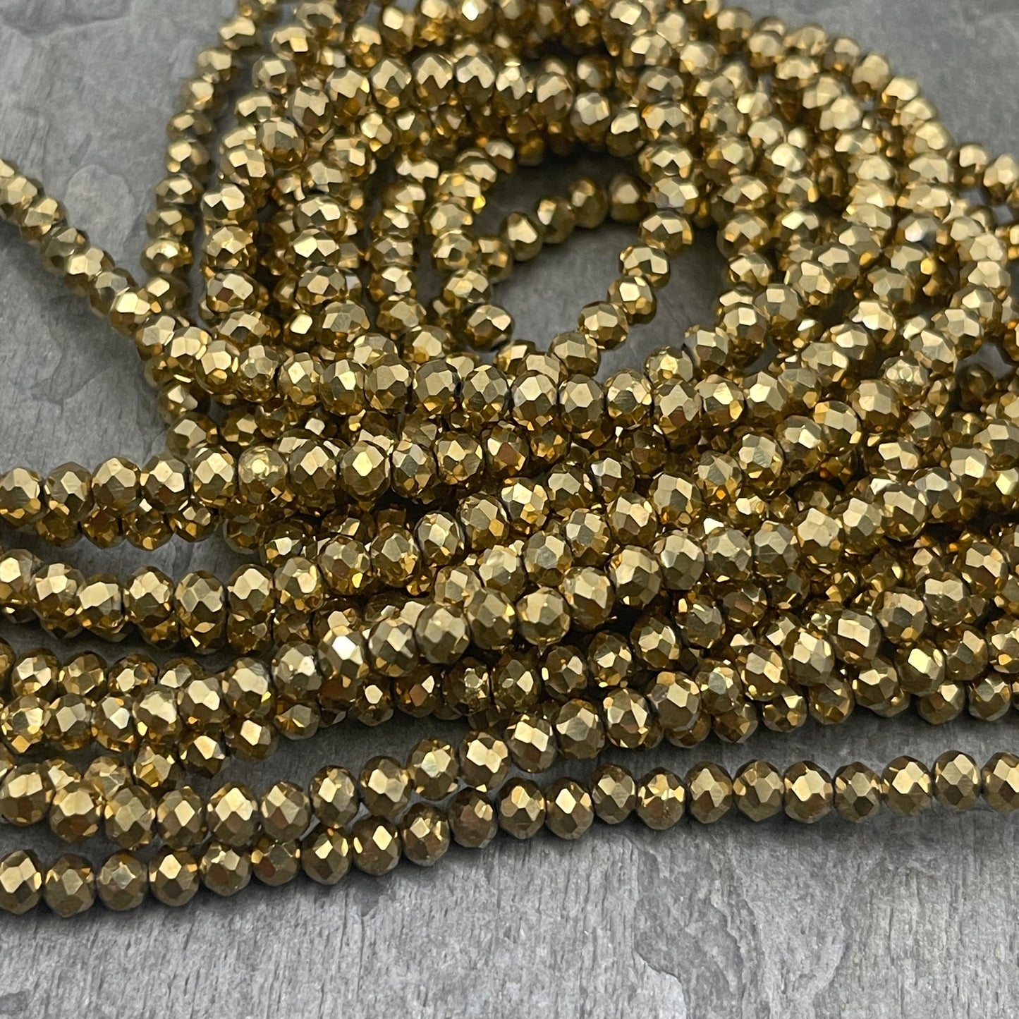Metallic Antiqued Gold 4mm Faceted Glass Beads, Electroplated Gold Rondelles (AntiquedGold-4) * 100 Beads