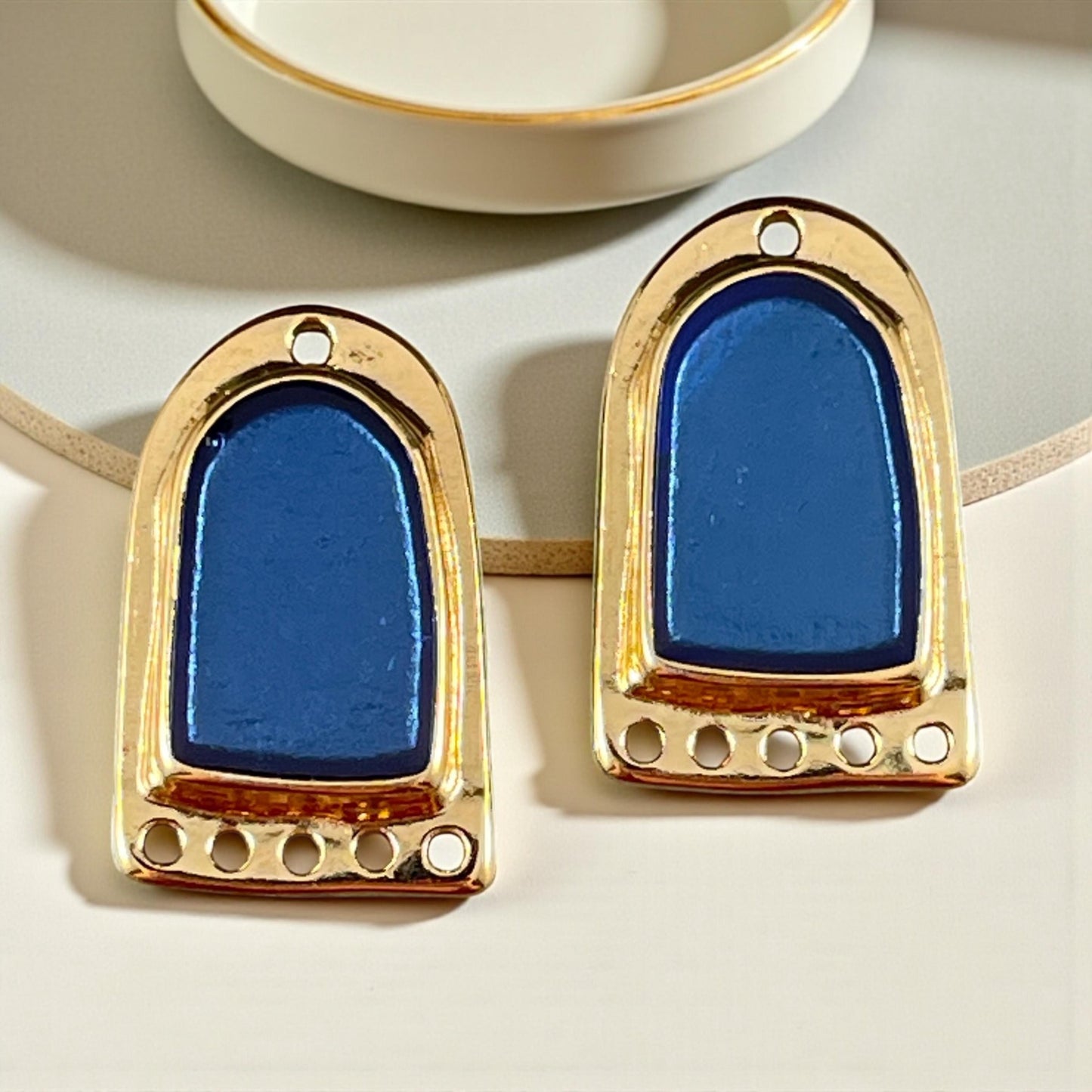 Gold and Pacific Blue Chandelier Drop, 24k Gold Plated Connector/Pendant/Charm with Blue Enamel Inlay (PF/15294-13-0538) * Qty. 2