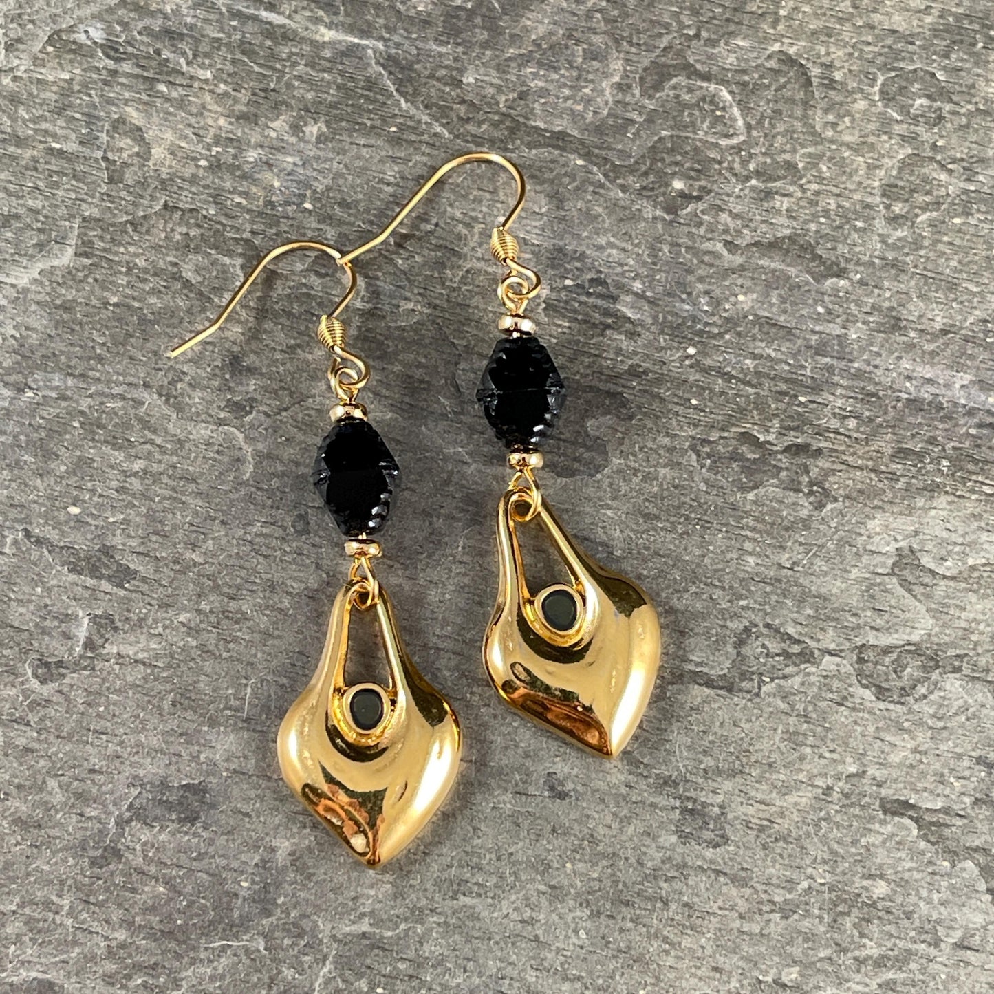 24k Gold Plated Heart Shaped Charm - 24.5x15.5mm Drop with Black Enamel Center (PF/15302-13-0565) * Qty. 4