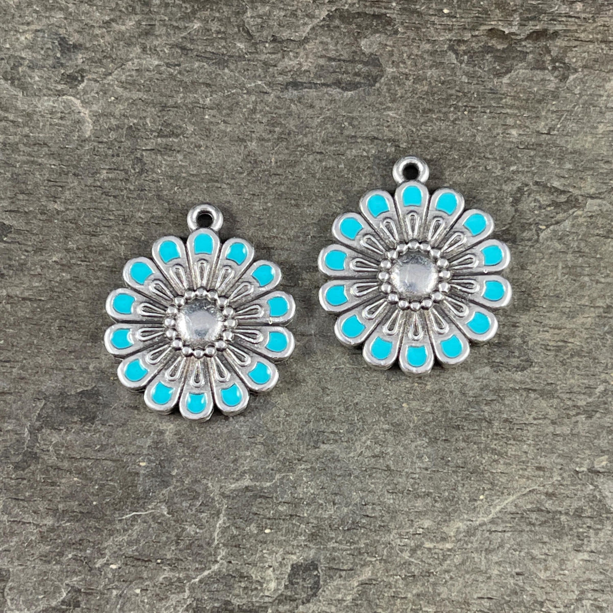 Antiqued Silver Plated Flower Pendant with Turquoise Blue Enamel Accent (PF/14358-72-0299) * Qty. 2