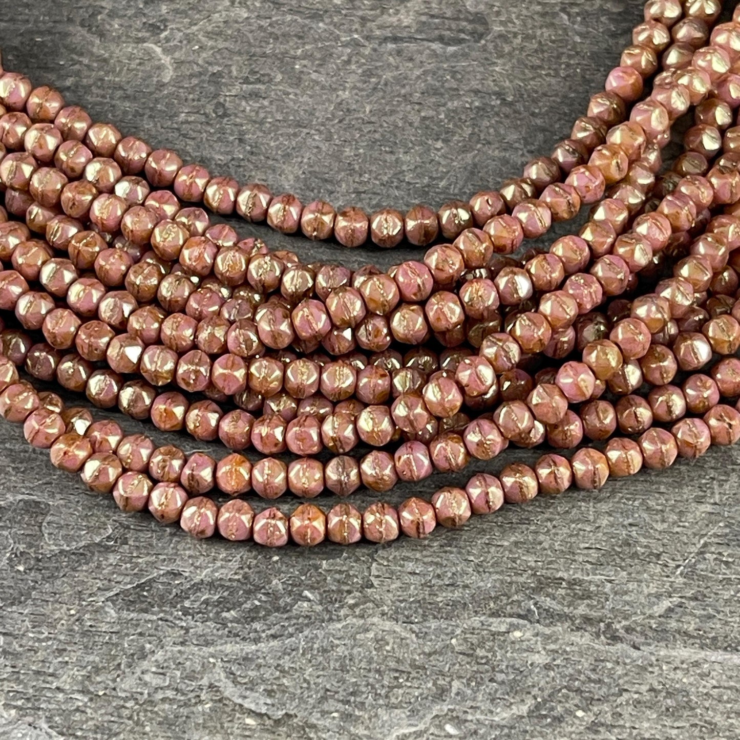 Czech Beads - 3mm English Cut Faceted Cube, Rose Gold Luster Picasso Beads (EC/SM-P65491) * Qty. 50