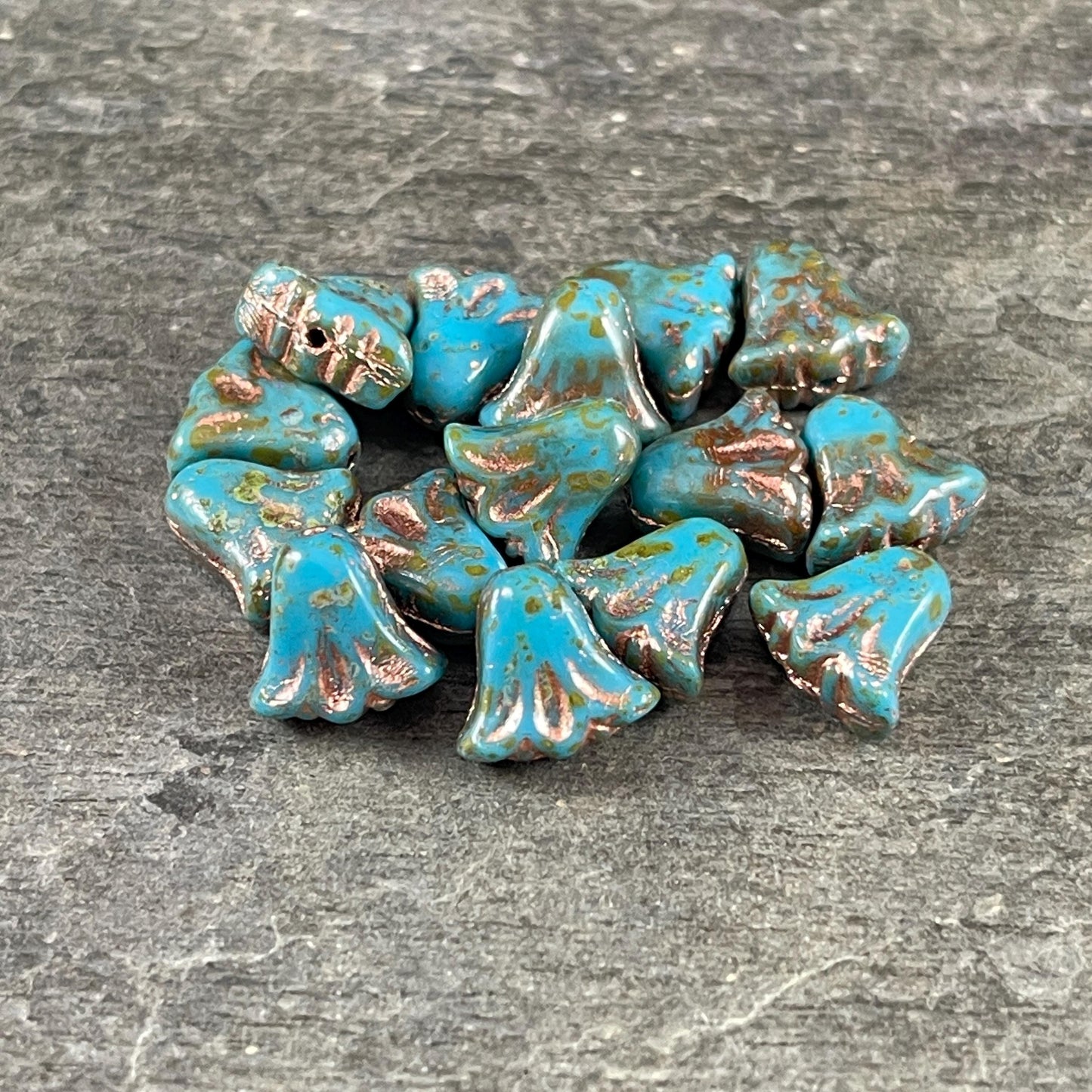 Czech Beads, 10mm Lily Flower, Sky Blue with Copper Wash (Lily/RJ-5496) * Qty. 15