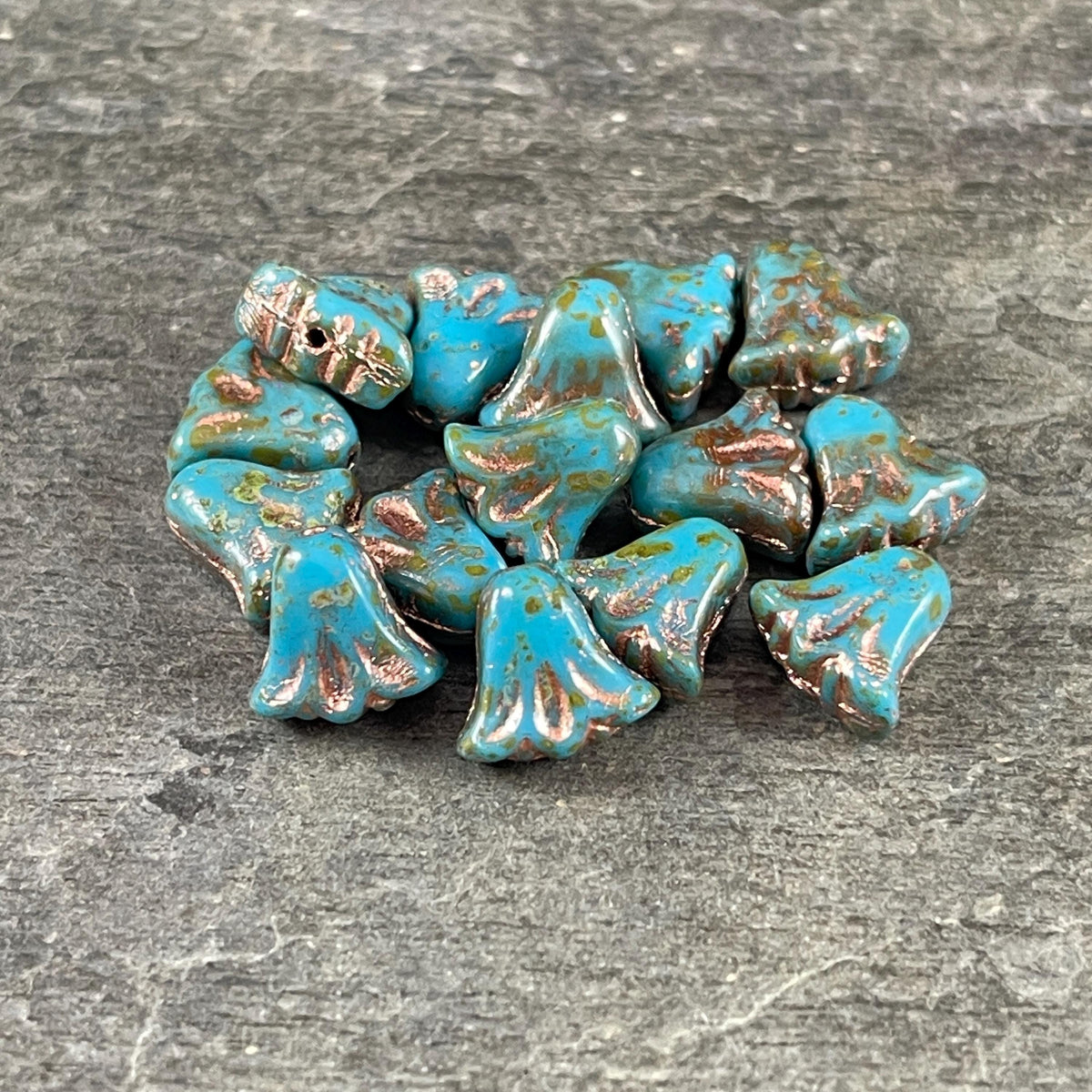 Czech Beads, 10mm Lily Flower, Sky Blue with Copper Wash (Lily/RJ-5496) * Qty. 15