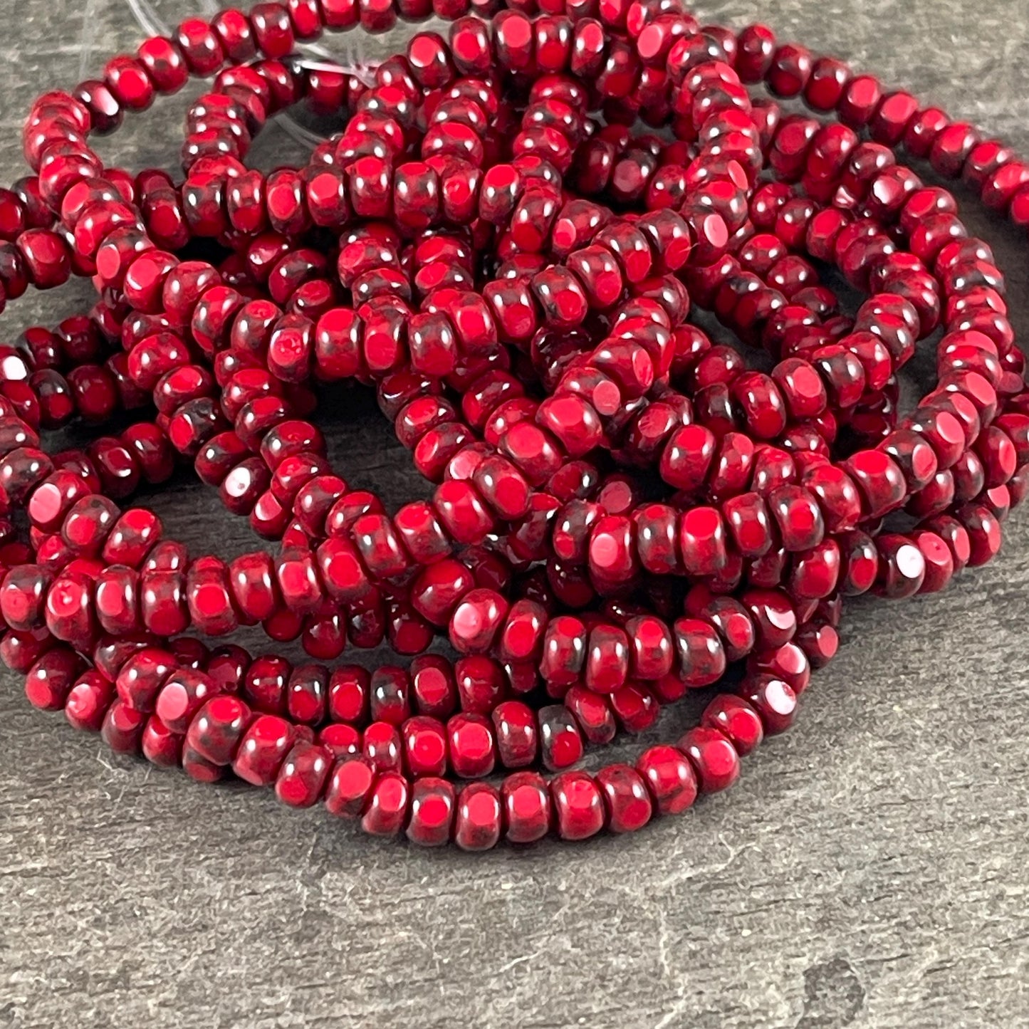 Czech Beads, 4x3mm Faceted Seed Beads, Opaque Red Picasso (TRICA/RJ-2782) * Qty. 50