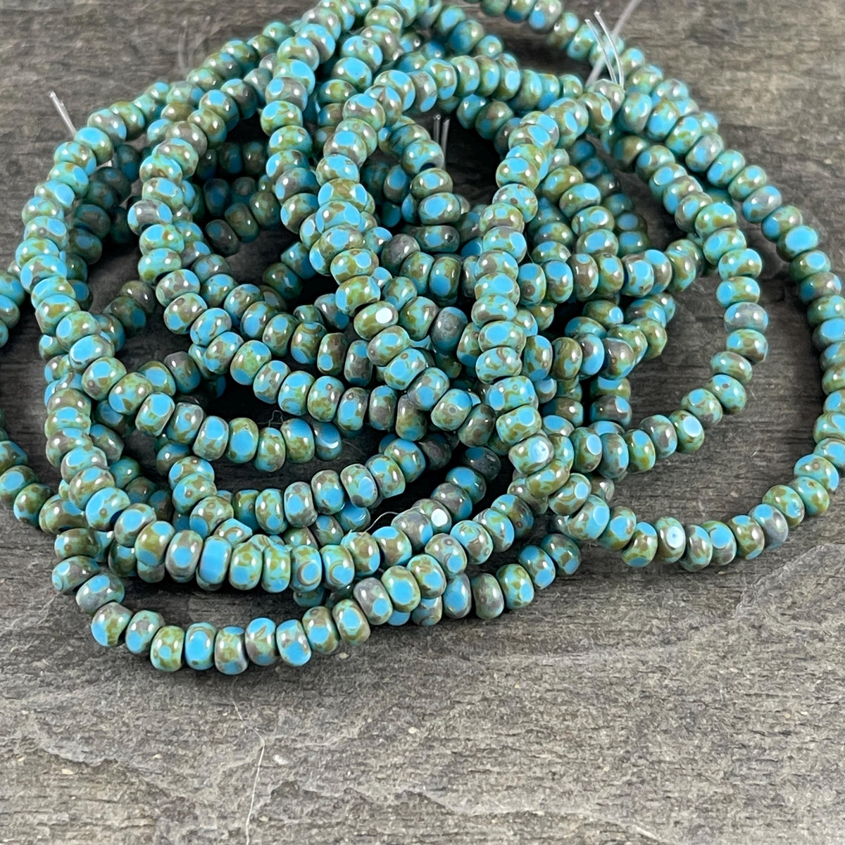 Czech Beads, 3x2mm Faceted Seed Beads, Light Turquoise Blue Picasso (TRICA/RJ-2444) * Qty. 50