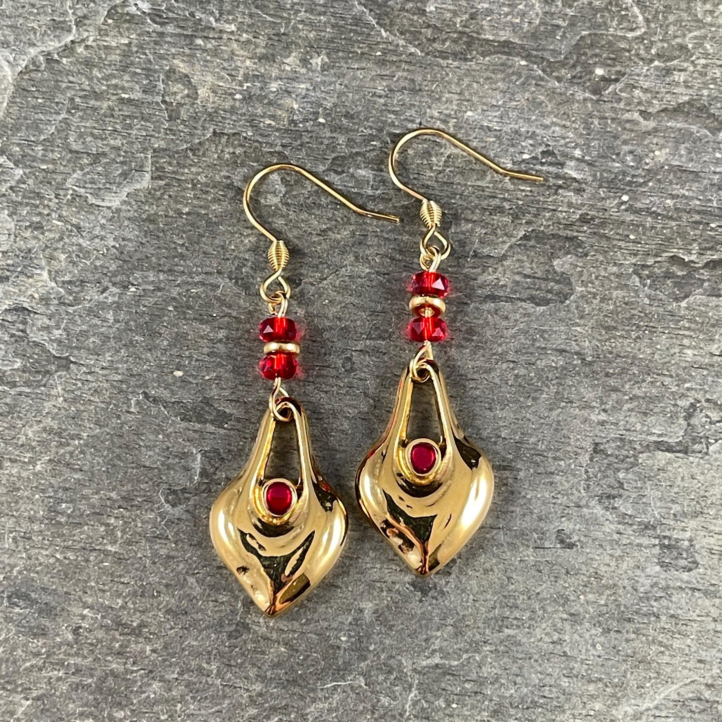 24k Gold Plated Heart Shaped Charm - 24.5x15.5mm Drop with Red Enamel Center (PF/15302-13-560) * Qty. 4