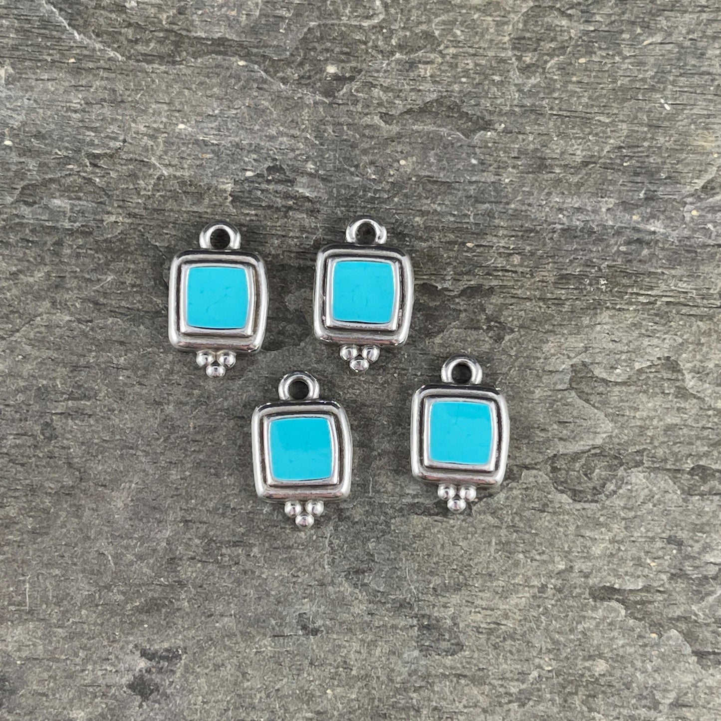 Antiqued Silver Plated 15mm Square Charm with Turquoise Blue Enamel Inlay (PF/14241-72-0299) * Qty. 6