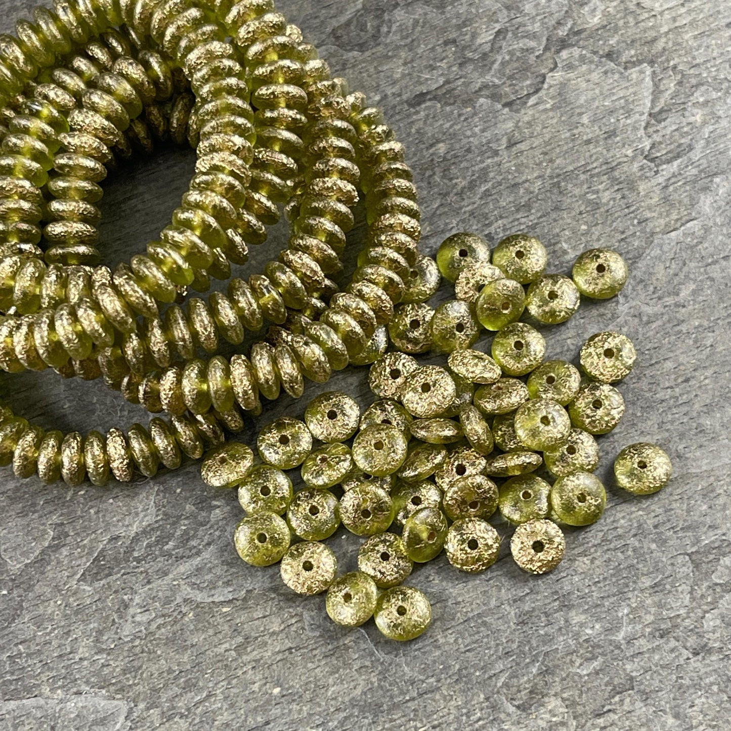 Czech Beads - 6x2mm Heishi Rondelle, Etched Peridot Green with Gold Finish (DSC/N-1797) * 50 Beads