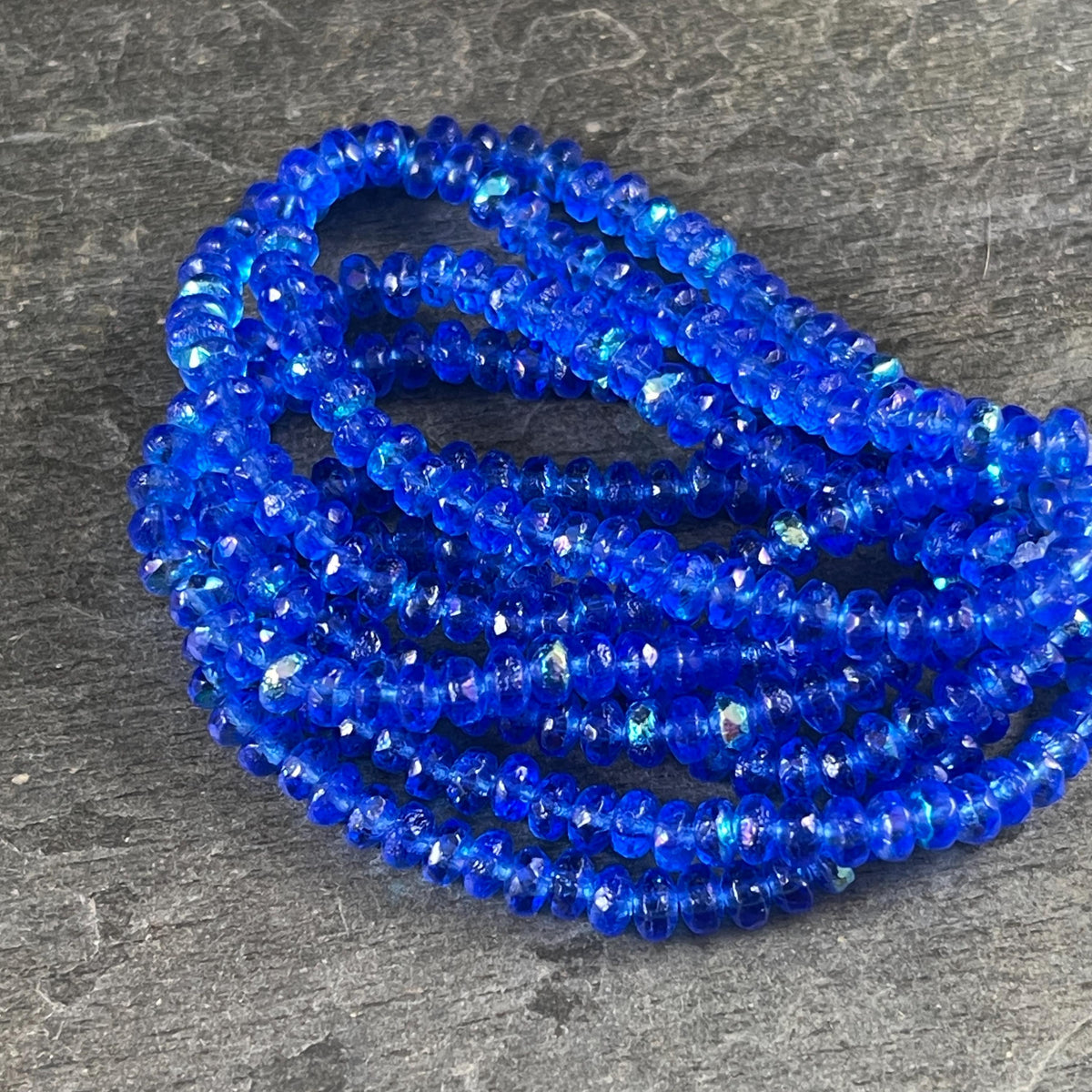 Czech Glass Beads - Dark Sapphire Blue Faceted Rondelles, 4x2.5mm with Etched and AB Finish (RON3/N-0459B) * Qty. 50