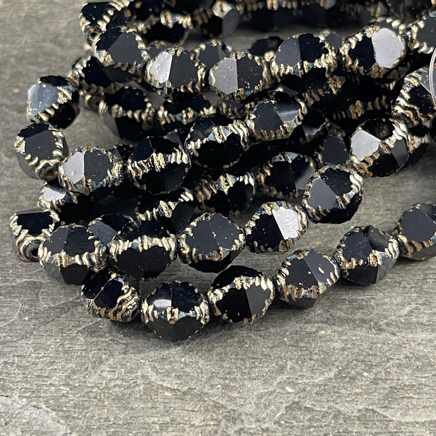 Czech Glass - 10x8mm Faceted Black and Gold Bicone Beads (BIF/N-1463) * Qty. 15