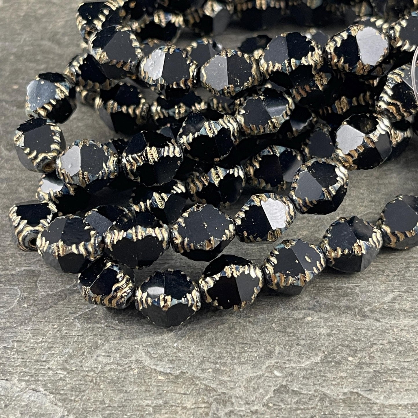 Czech Glass - 10x8mm Faceted Black and Gold Bicone Beads (BIF/N-1463) * Qty. 15