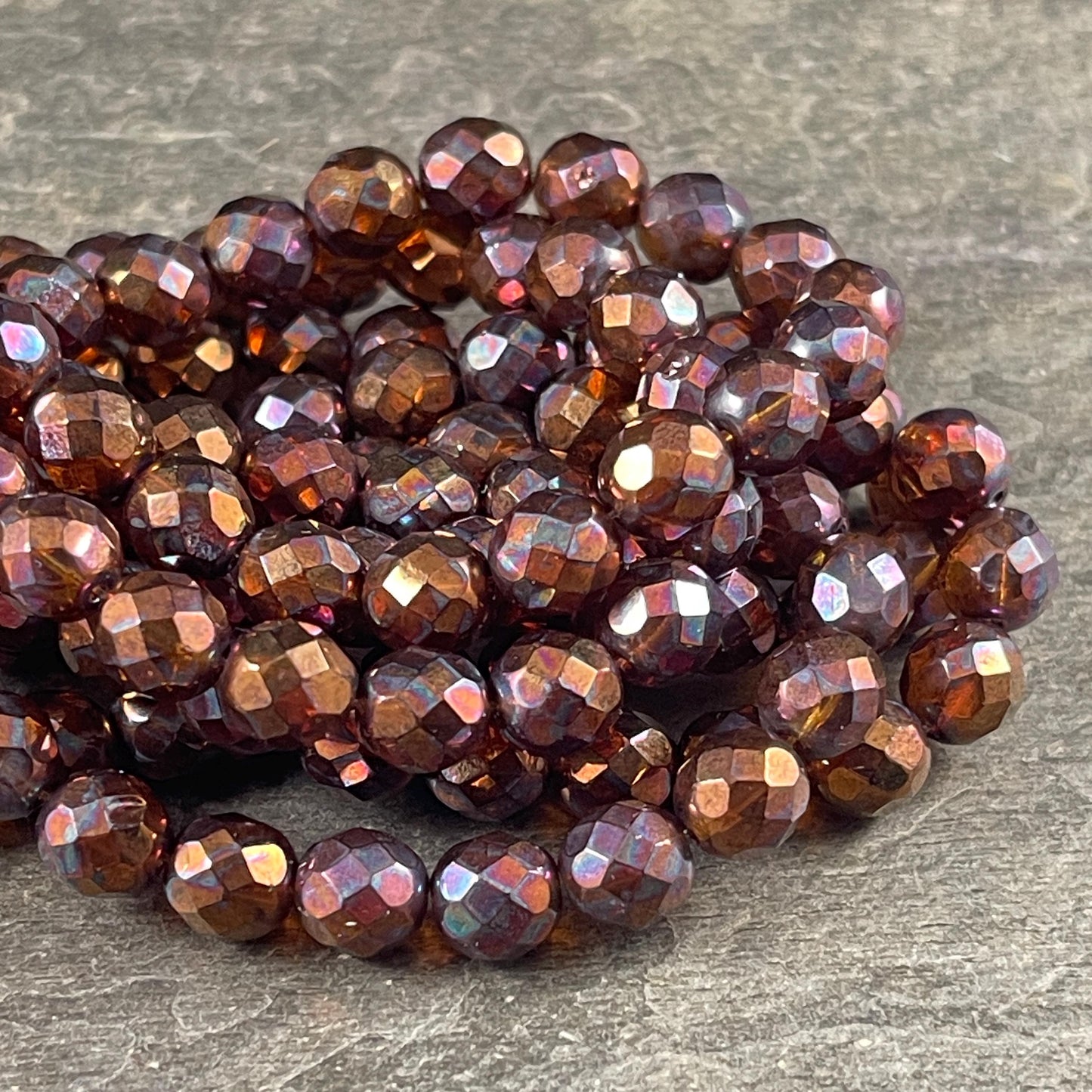 Czech Beads - 8mm Faceted Round Beads, Brown with Copper Finish (FP8/N-025) * Qty. 20