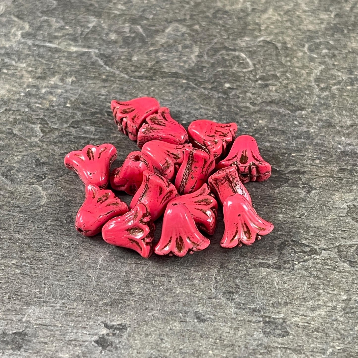 Czech Beads, 10mm Lily Flower, Coral Red with Dark Bronze Wash (Lily/RJ-5487) * Qty. 15