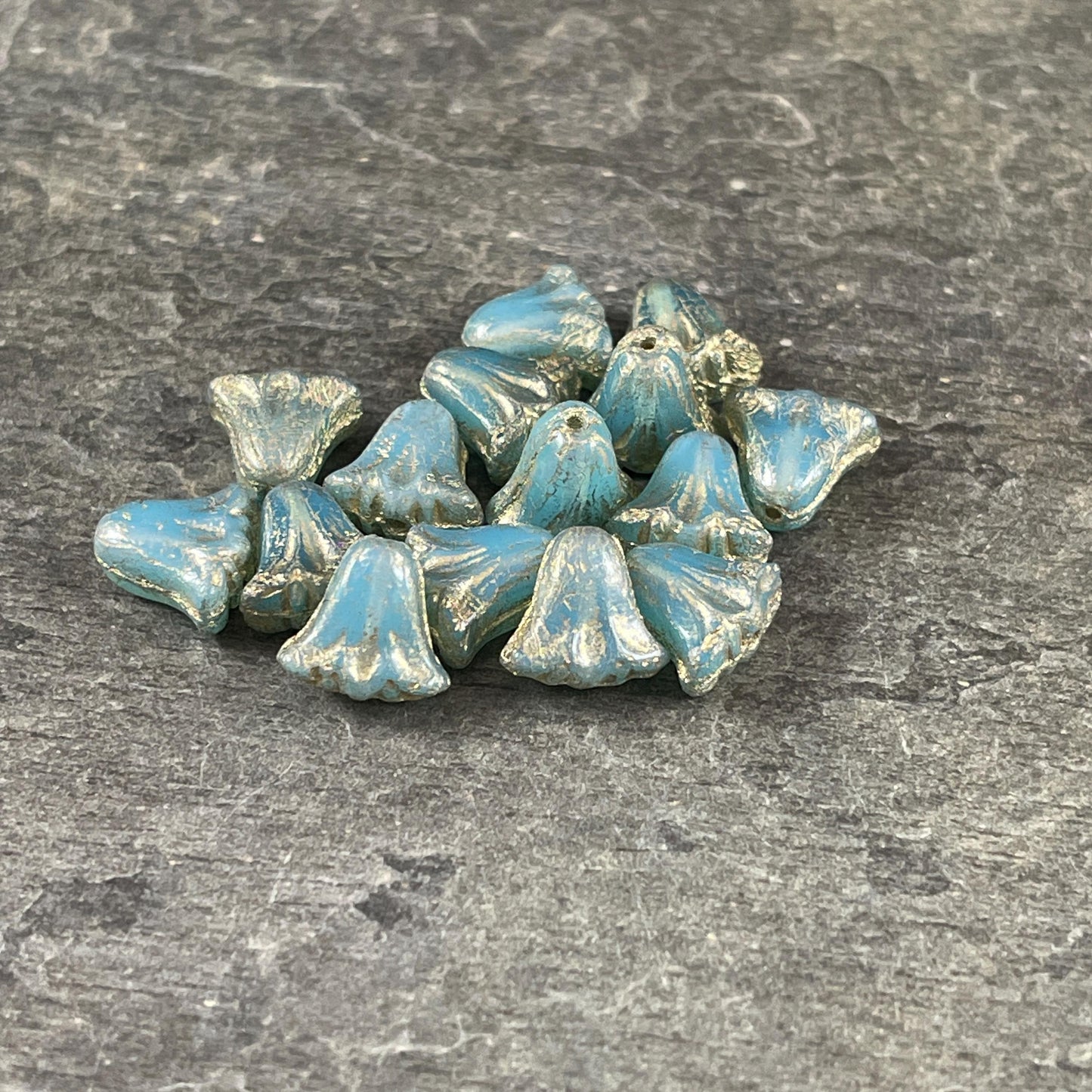 Czech Beads, 10mm Lily Flower, Aqua Blue Opaline with Gold Wash (Lily/RJ-5492) * Qty. 15