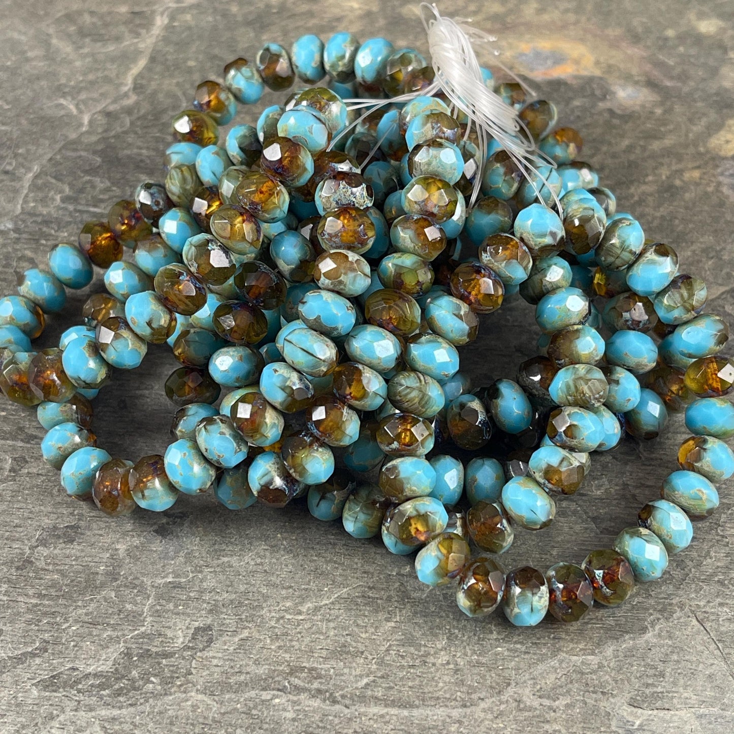 Czech Beads - 8x6mm Faceted Rondelle, Sky Blue and Topaz with Picasso (R8/RJ-1541) * 25 Beads