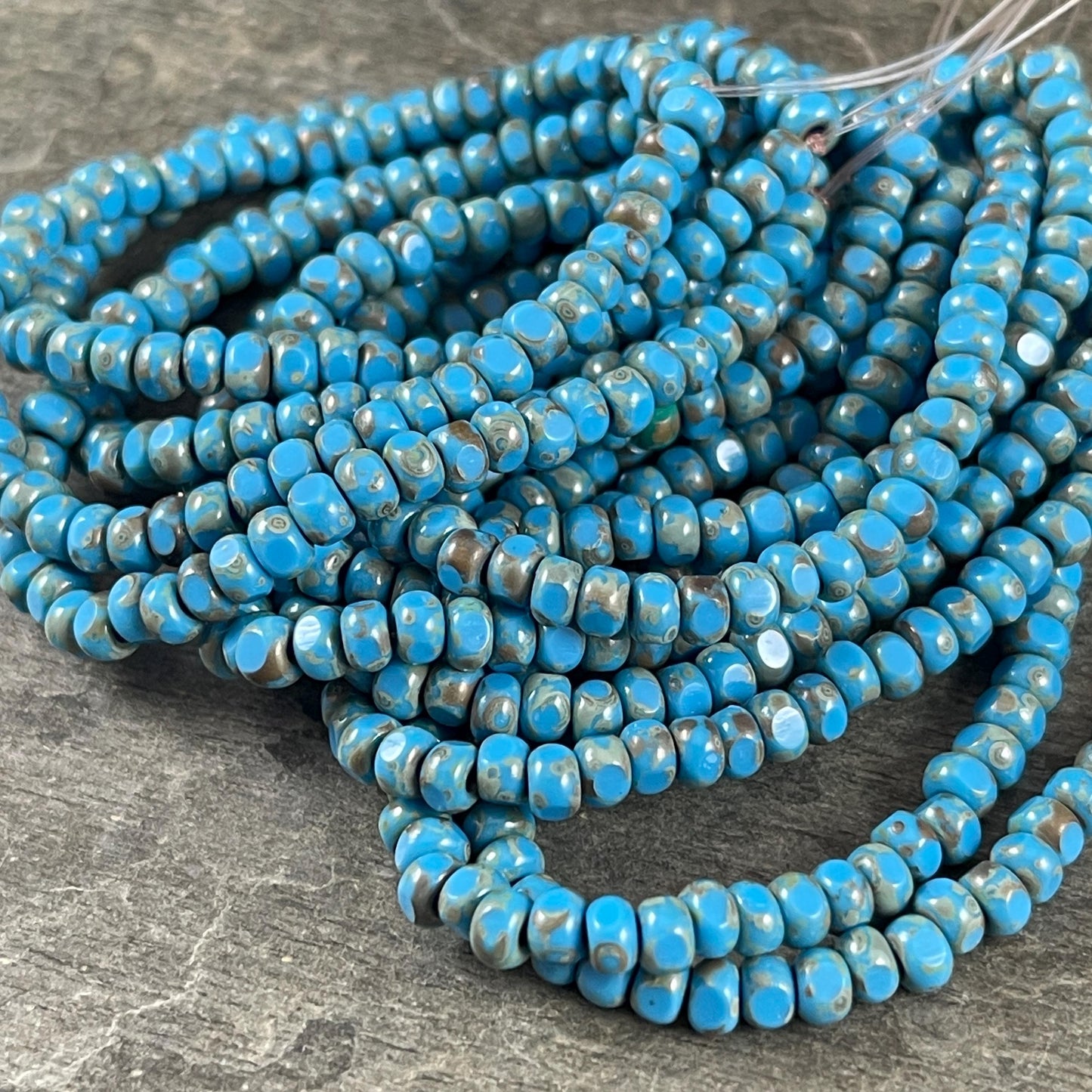 Czech Beads, 4x3mm Faceted Seed Beads, Dark Turquoise Blue Picasso (TRICA/RJ-2781) * Qty. 50