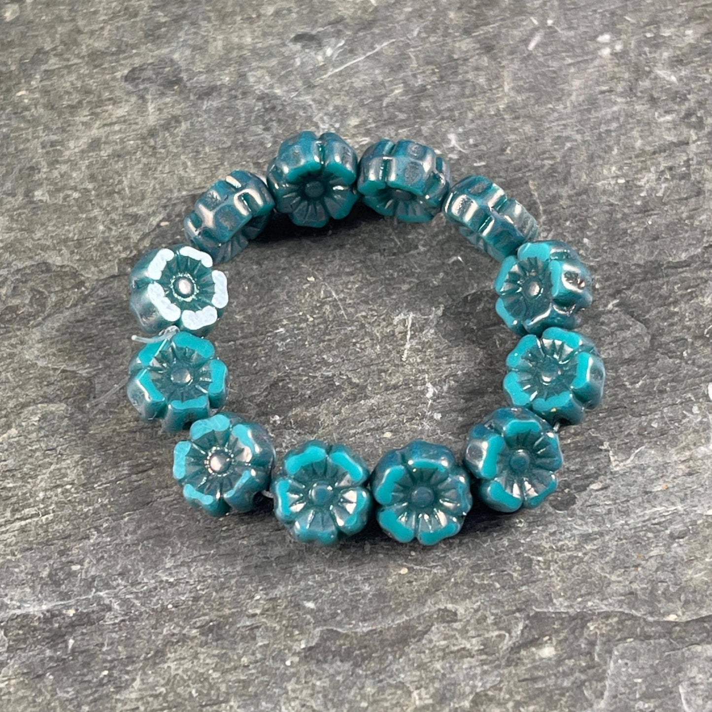 Czech Beads - 7mm Hibiscus Flower, Teal with Metallic Picasso (FL7/RJ-1265) * Qty. 12
