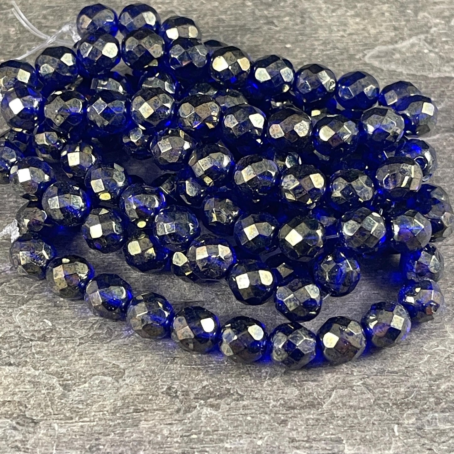 Czech Glass - 8mm Faceted Round, Sapphire with Golden Luster Finish (FP8/N-025) * 20 Beads