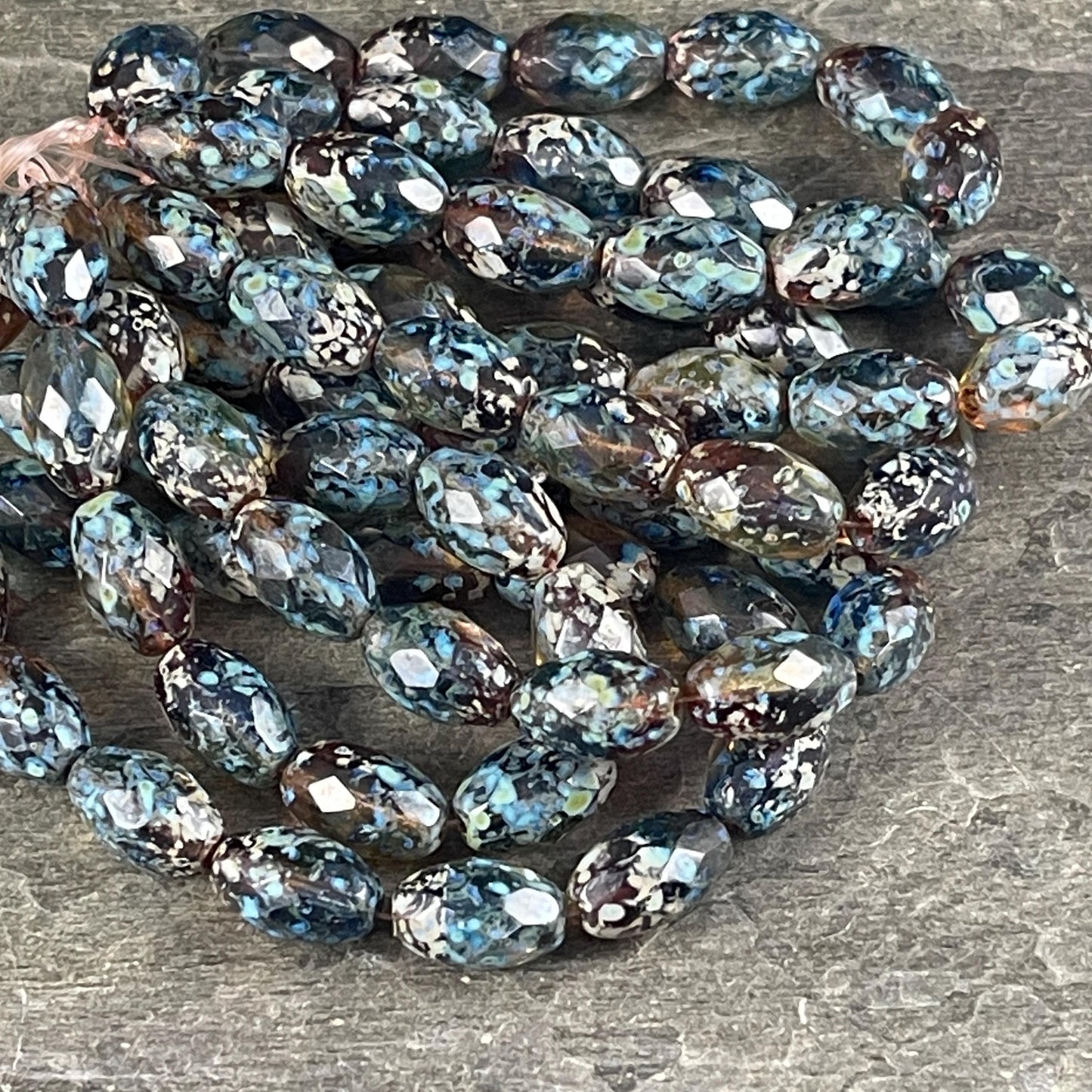 Czech Beads - 12x8mm Faceted Oval, Blue, Green and Topaz Picasso Beads (FOV/N-0508) * Qty. 12