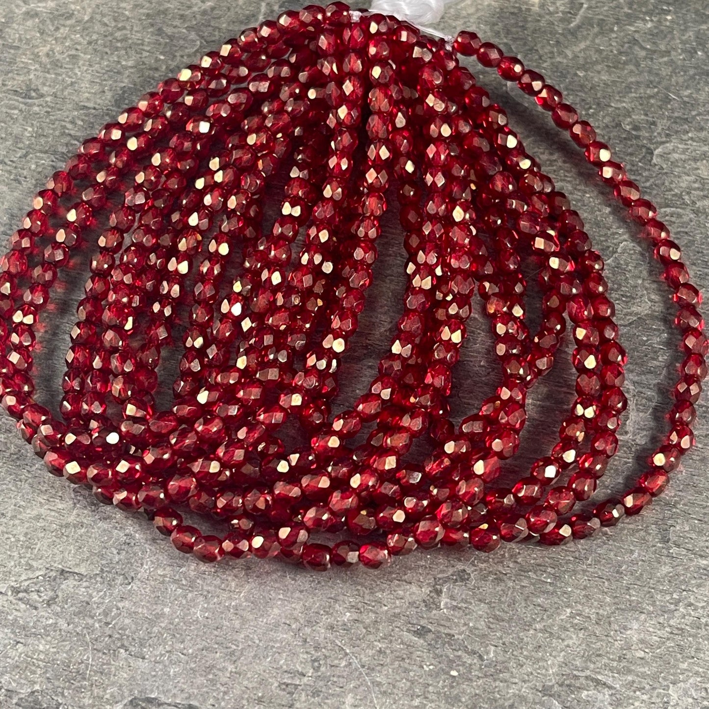 Ruby Red with Gold Finish Glass Beads, Red Czech Beads, 4mm Faceted Round Beads - Transparent Red with Gold Luster (FP4/N-123) - Qty 50