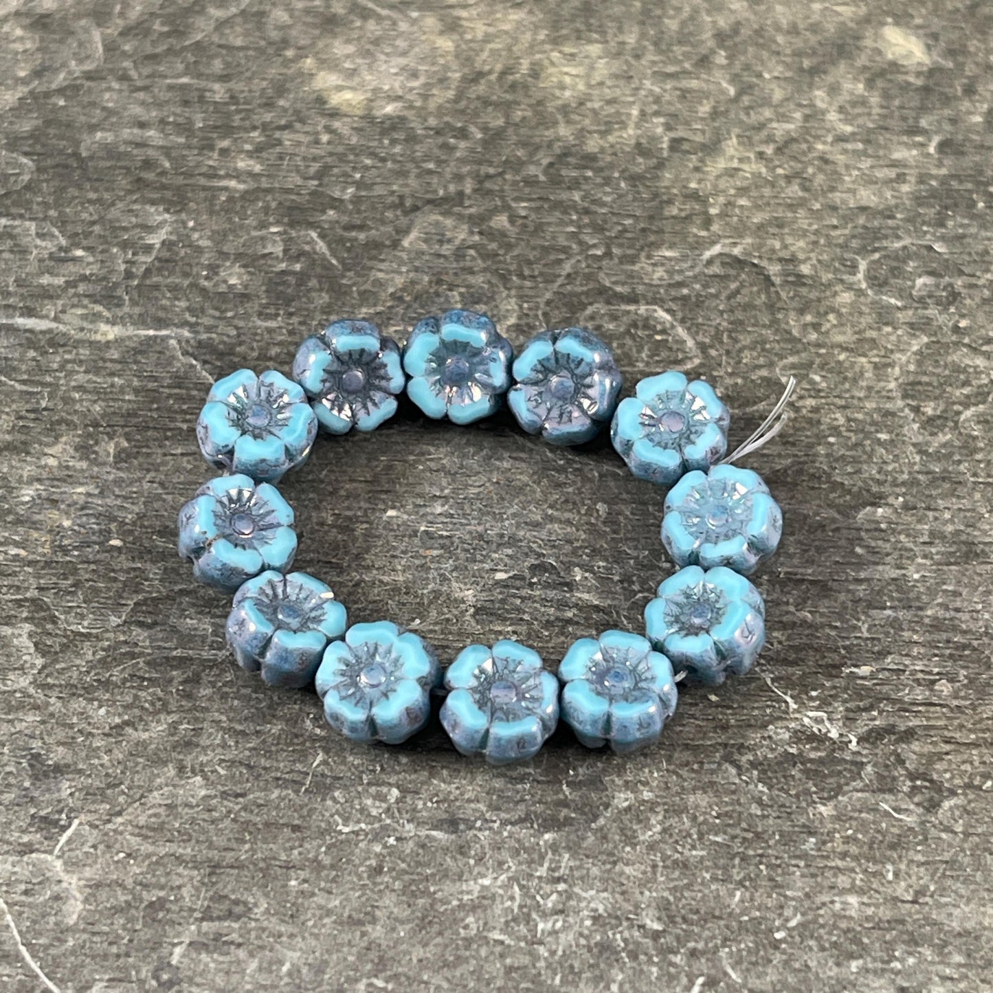 Czech Beads - 7mm Hibiscus Flower, Turquoise Silk with Metallic Picasso (FL7/RJ-1268) * Qty. 12