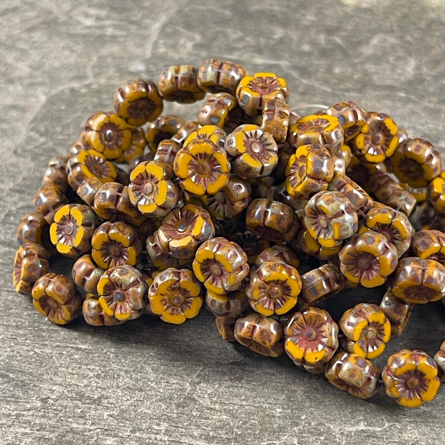 Czech Beads - 7mm Hibiscus Flower, Mustard Yellow with Travertine Picasso (FL7/RJ-1259) * Qty. 12
