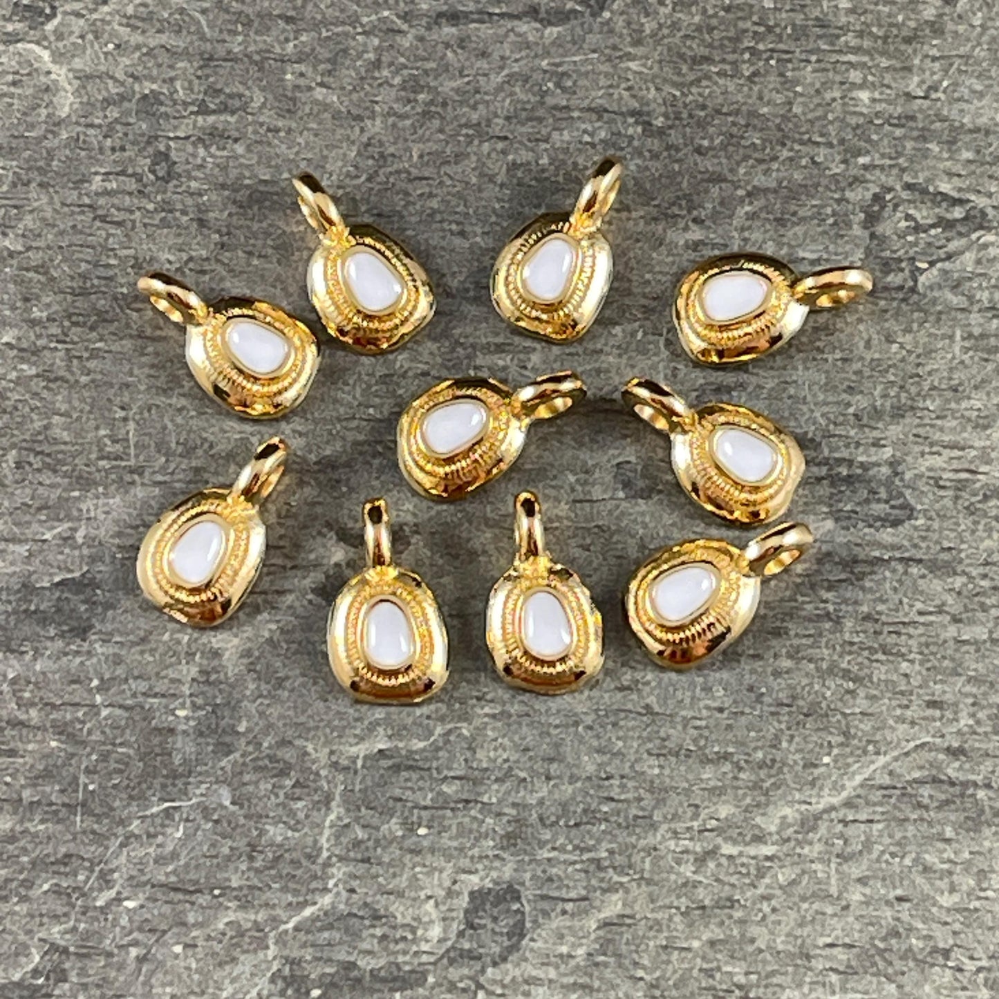 Round Mini Gold Charm with White Enamel Inlay, Nickel Free (PF/13884-13-0208) * Qty. 10