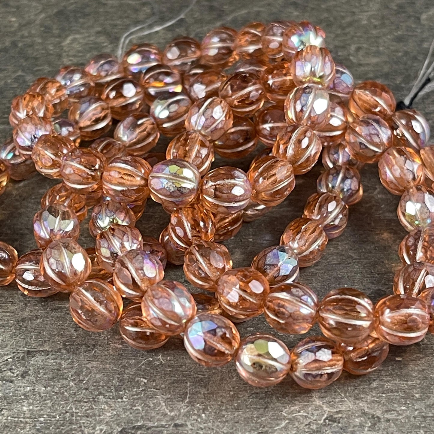 Czech Glass - 8mm Faceted Melon, Transparent Peach with AB (8FM/N-1777) * 20 Beads