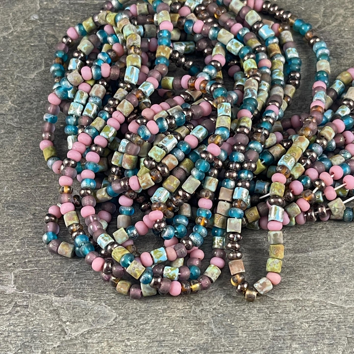 Aged Picasso Seed Beads - 6/0 Mix with Tubes, 4mm Turquoise, Pink and Purple (6/0-Frivoli-Matte) * 19" strand