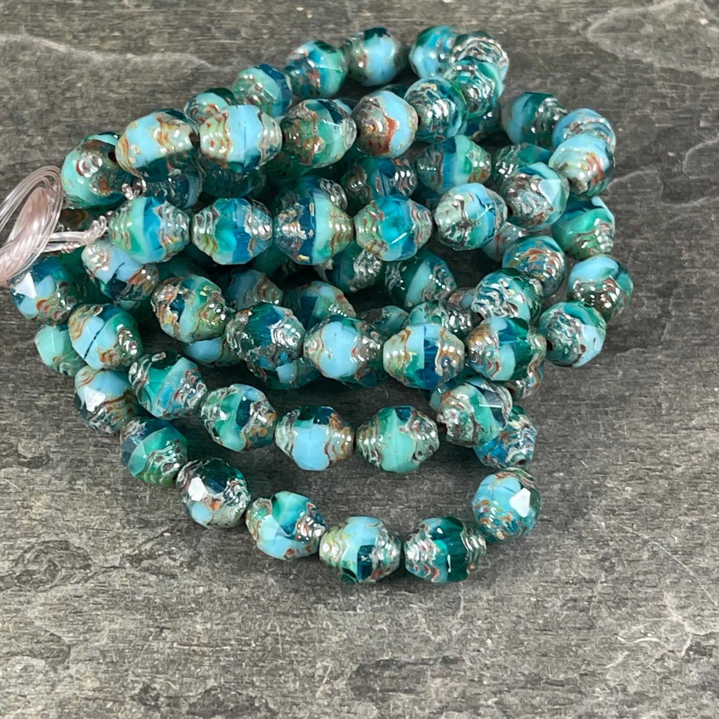 Czech Glass - 8x6mm Faceted Oval Bicone, Blue Picasso Beads (CTD/N-045) * 15 Beads