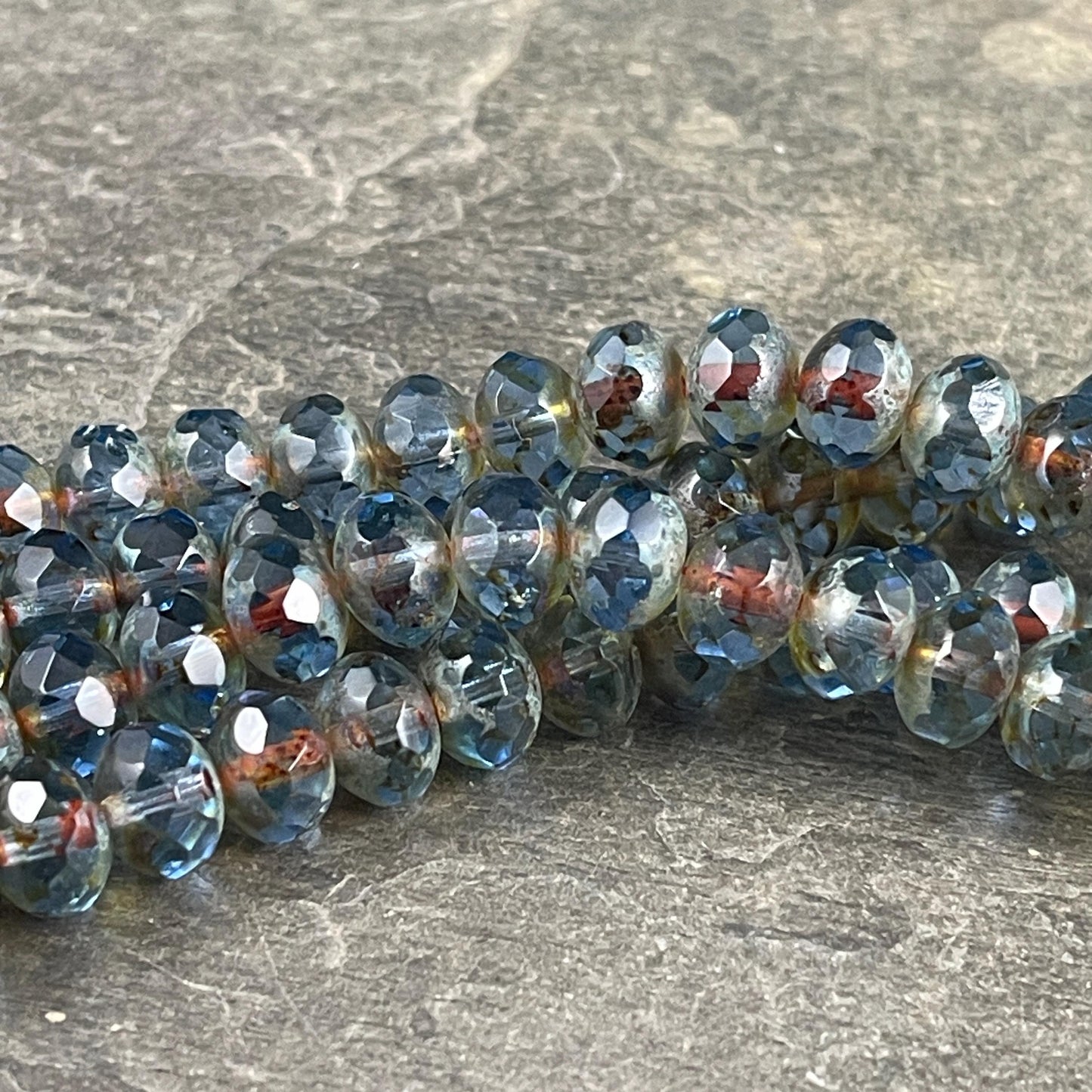 Czech Beads - 8x6mm Faceted Rondelle, Carolina Blue Picasso (R8/OB-108) * 17 Beads