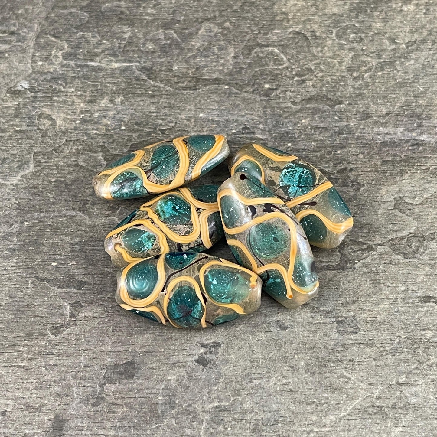 Abstract Oval Lampwork Beads, 30mmx17mm, Aqua, Khaki and Mustard (LB727) * 3 Beads