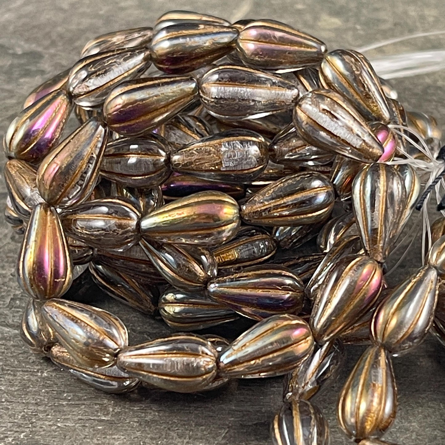 Czech Beads ~ 13x8mm Teardrop, Smoky Topaz with Iridescent Luster (DROP/RJ-5360) * 10 Beads
