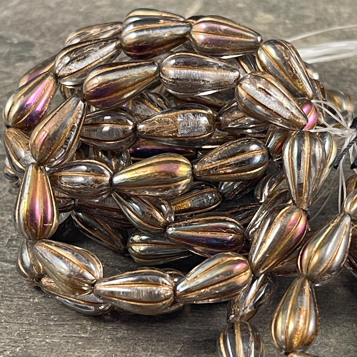 Czech Beads ~ 13x8mm Teardrop, Smoky Topaz with Iridescent Luster (DROP/RJ-5360) * 10 Beads