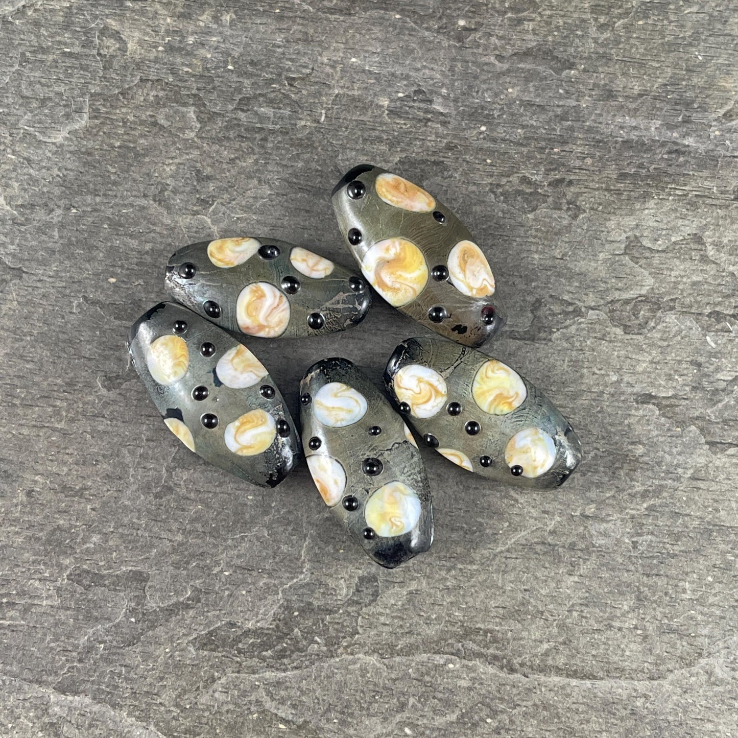 Abstract Oval, Gray-Green, Beige and Black 30mmx17mm Lampwork Beads (LB799) * 3 Beads