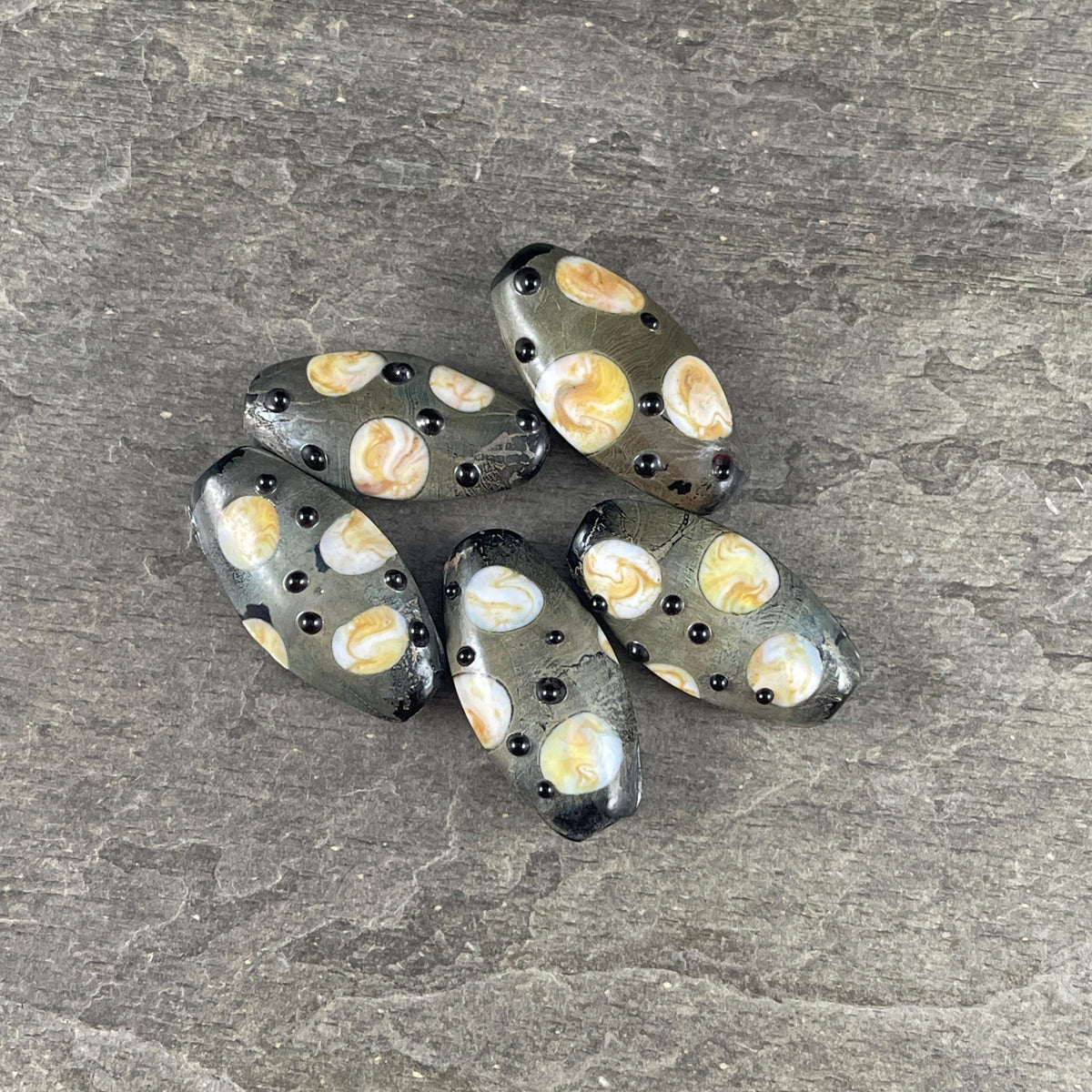 Abstract Oval, Gray-Green, Beige and Black 30mmx17mm Lampwork Beads (LB799) * 3 Beads