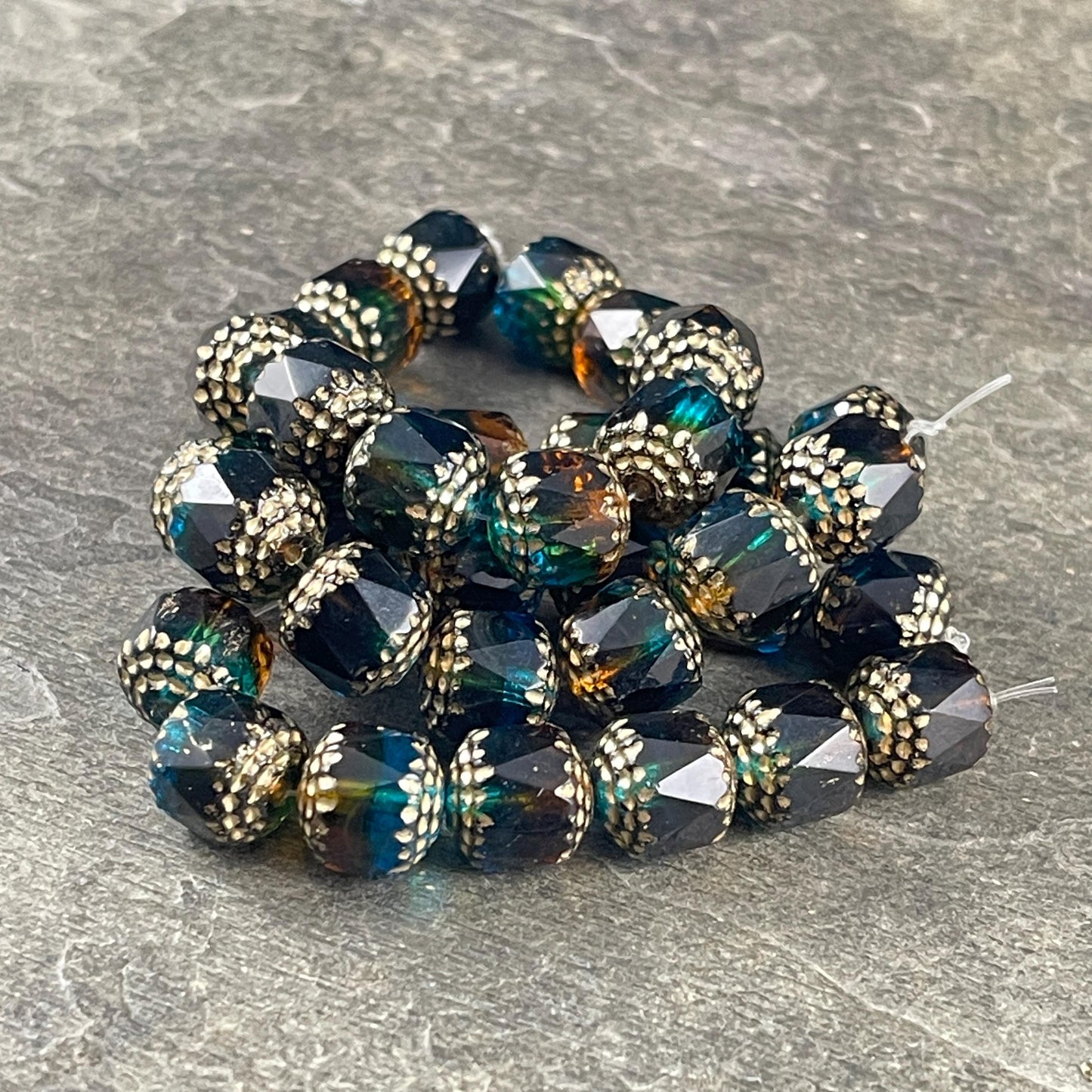 Czech Beads - 10mm Cathedral Faceted Glass, Pacific Blue, Topaz and Green with Gold Wash (CT10/N-043) * Qty. 12