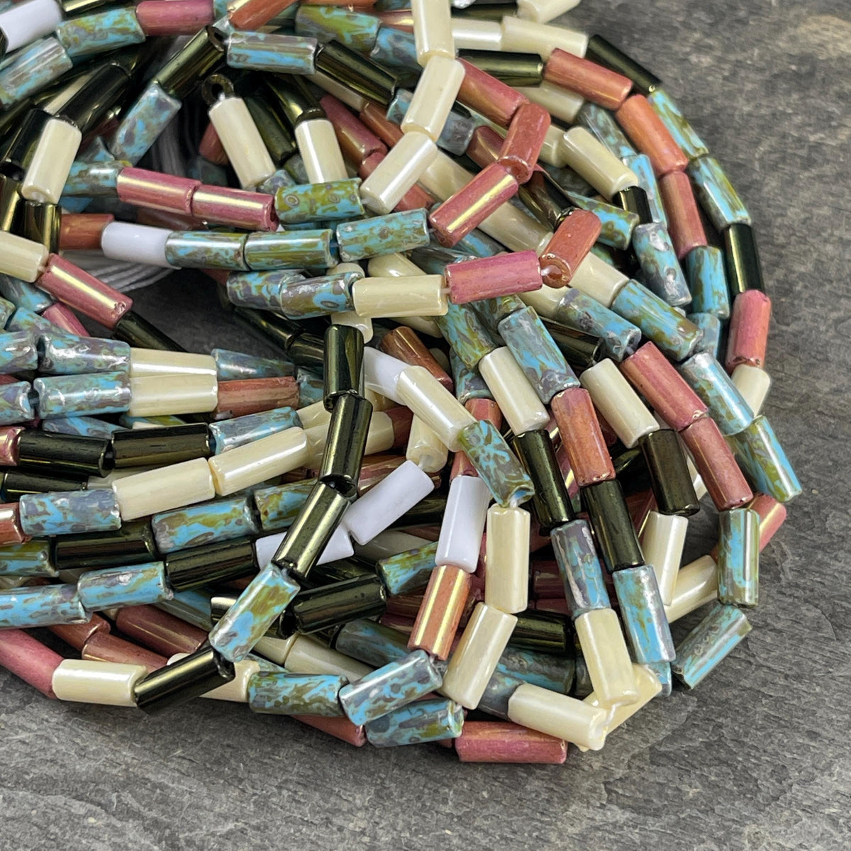 Aged Picasso - 9x4mm Bugle Bead, Multi-Color Czech Glass Mix (9/4-Cocoa) - 20" Strand