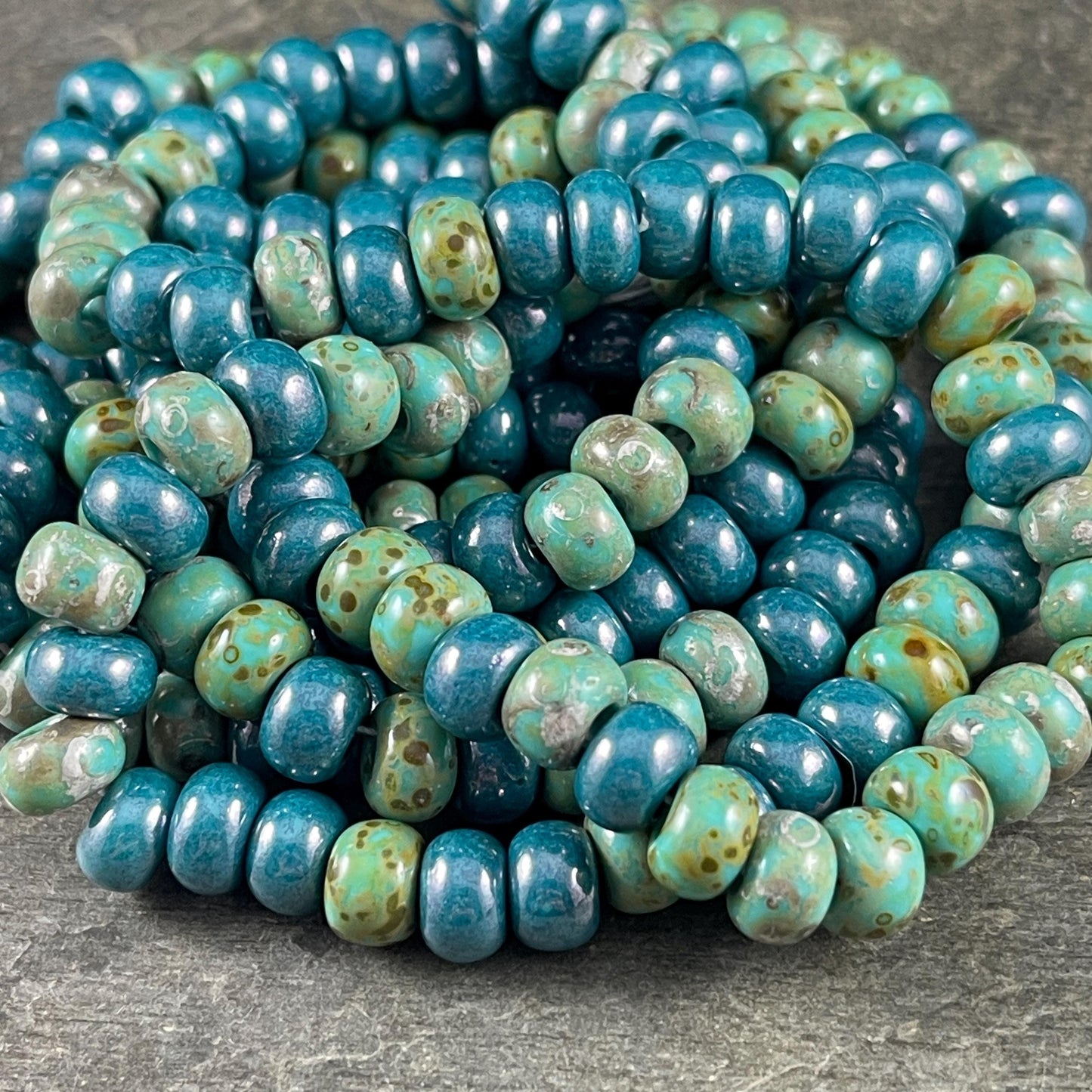 Aged Picasso Seed Beads - 33/0 Large Hole 8mm Czech Glass, Turquoise and Teal (33/0-TealTurq) * 40 Beads