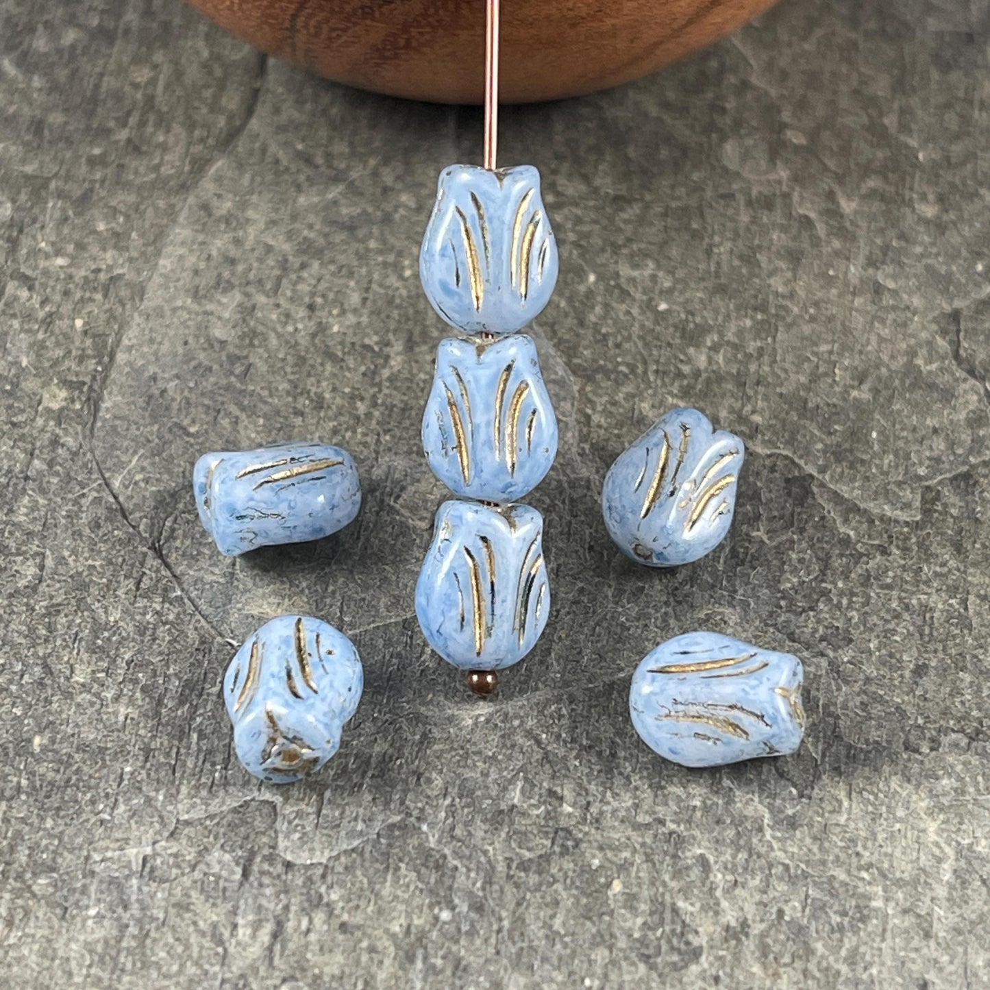 Czech Glass Beads - 9x7mm Mini Tulip Flower, Opaque Powder Blue (MTul-4) * 16 Beads