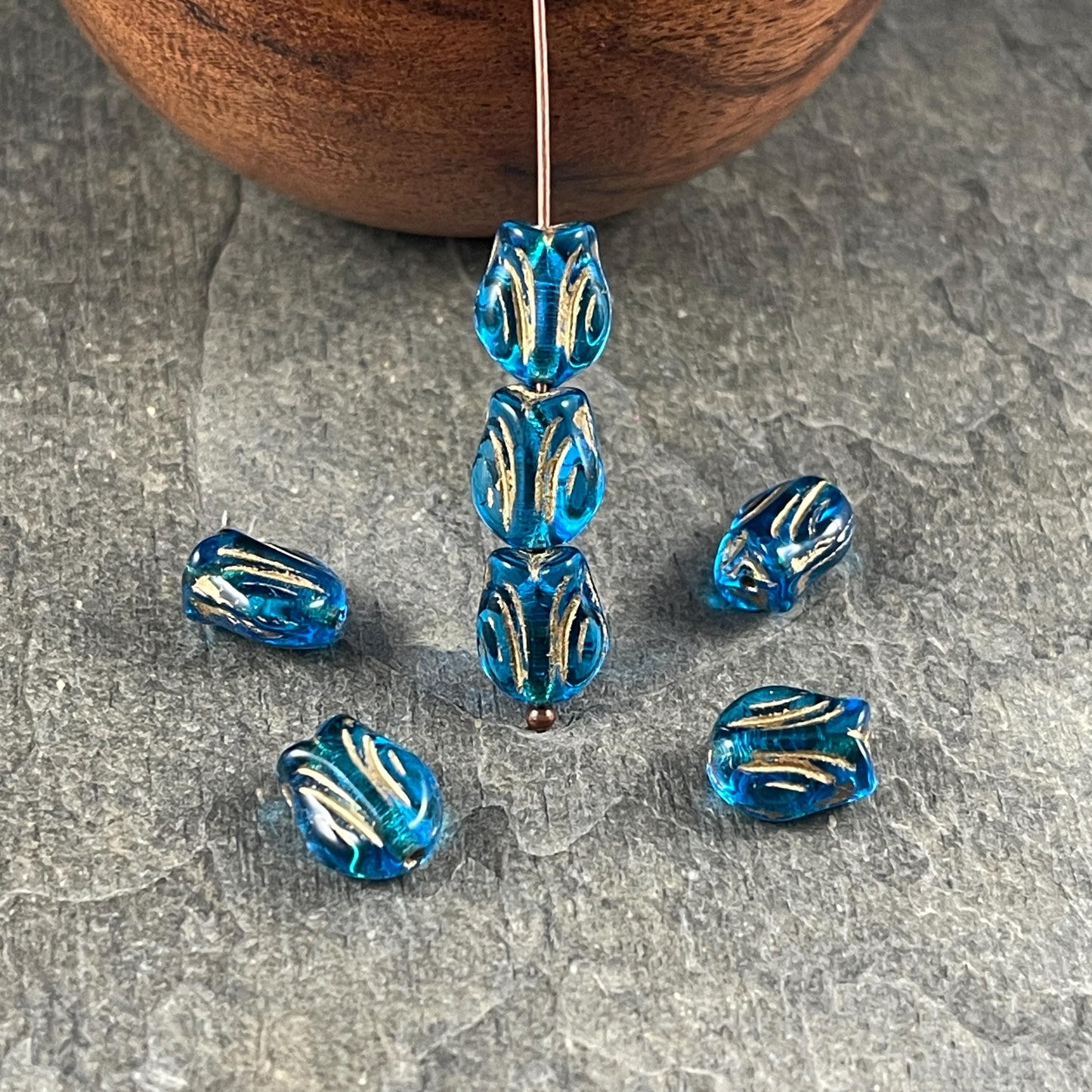 Czech Glass Beads - 9x7mm Mini Tulip Flower, Transparent Capri Blue (MTul-6) * 16 Beads
