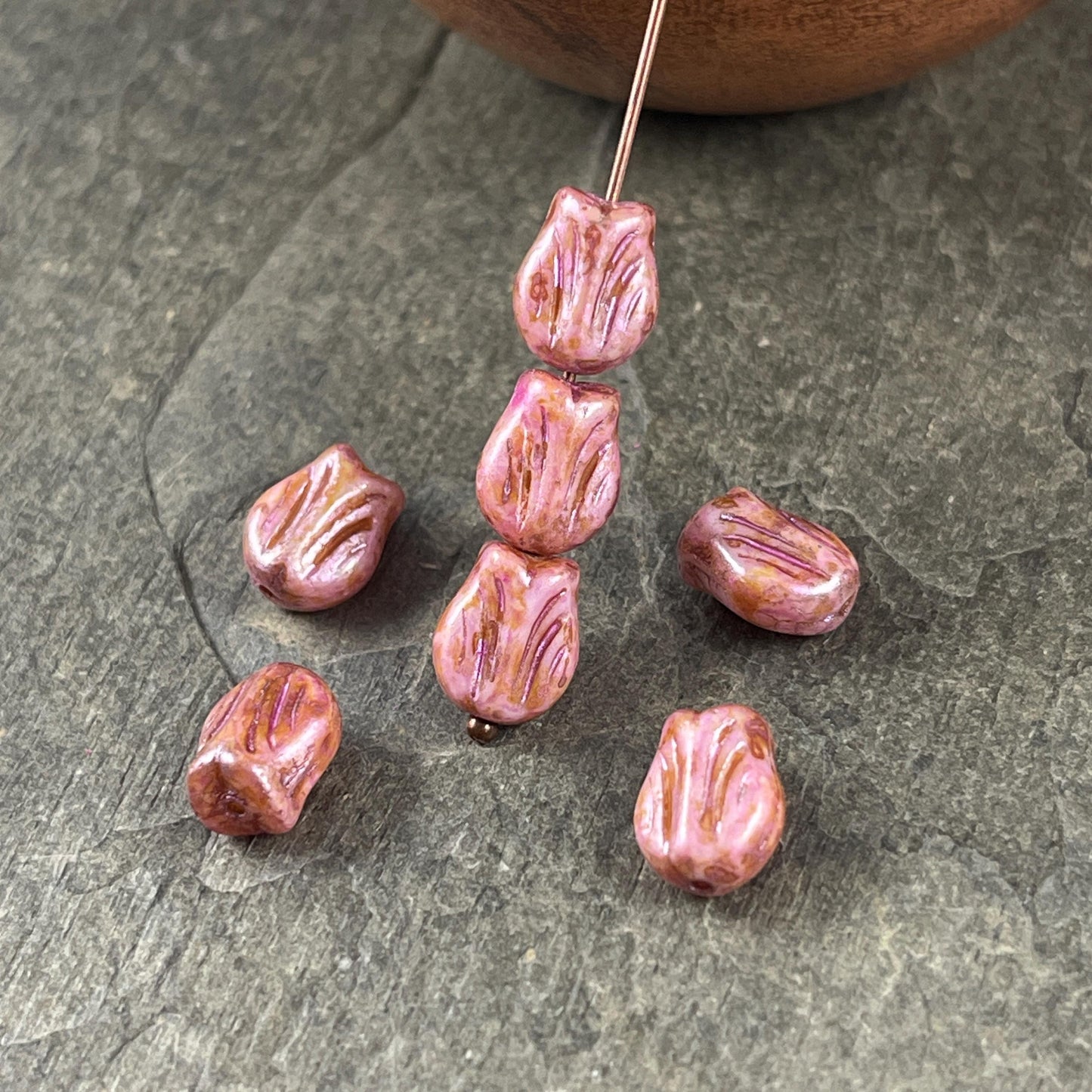 Czech Glass Beads - 9x7mm Mini Tulip Flower, Rose Gold Pink Picasso (MTul-5) * 16 Beads