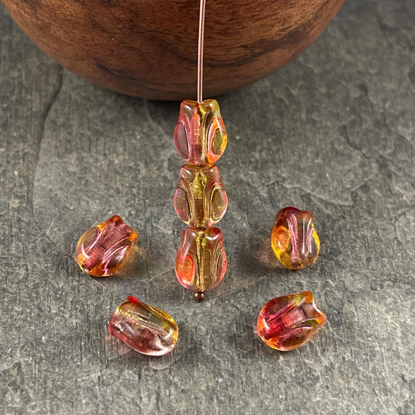 Czech Glass Beads - 9x7mm Mini Tulip Flower, Fuchsia and Yellow (MTul-3) * 16 Beads