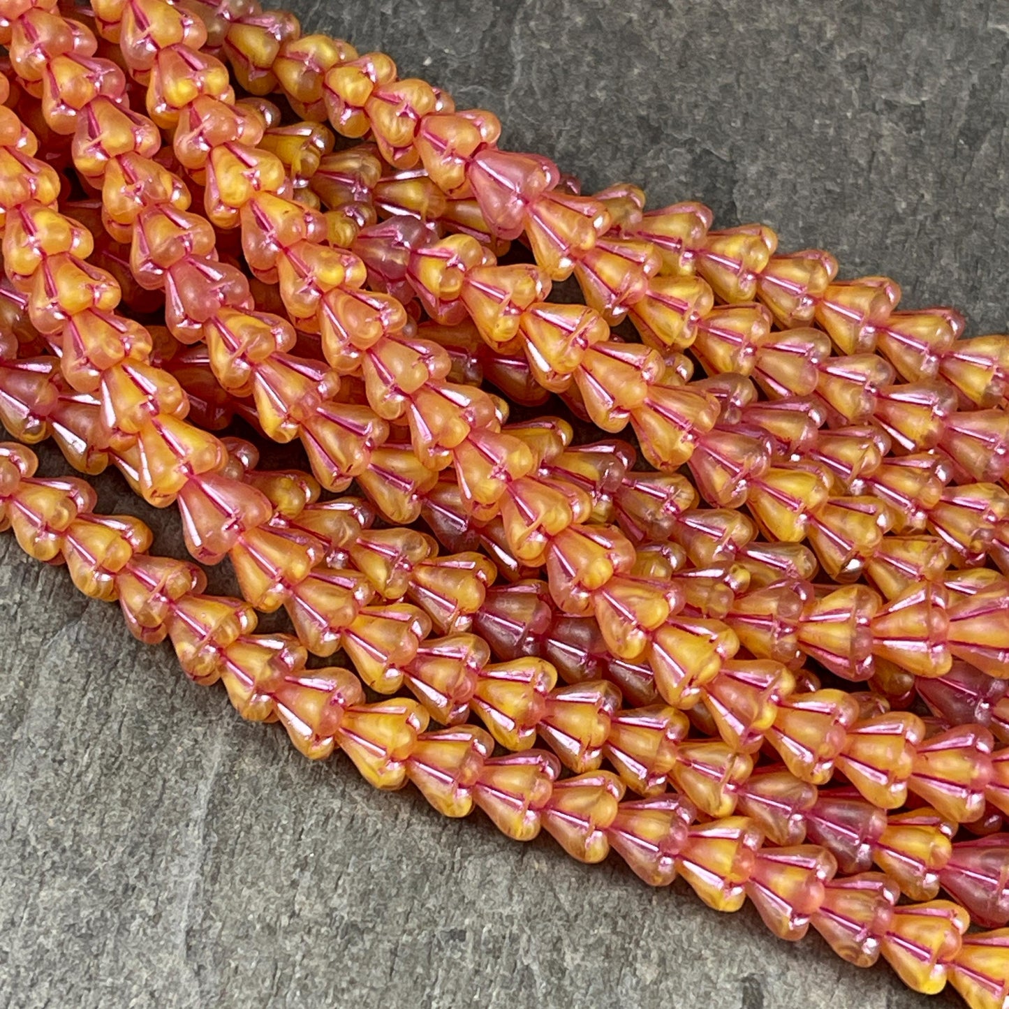 Czech Glass Beads - 6x4mm Baby Bell Flower, Yellow, Peach, Fuchsia (BFlo-x1) * 30 Beads