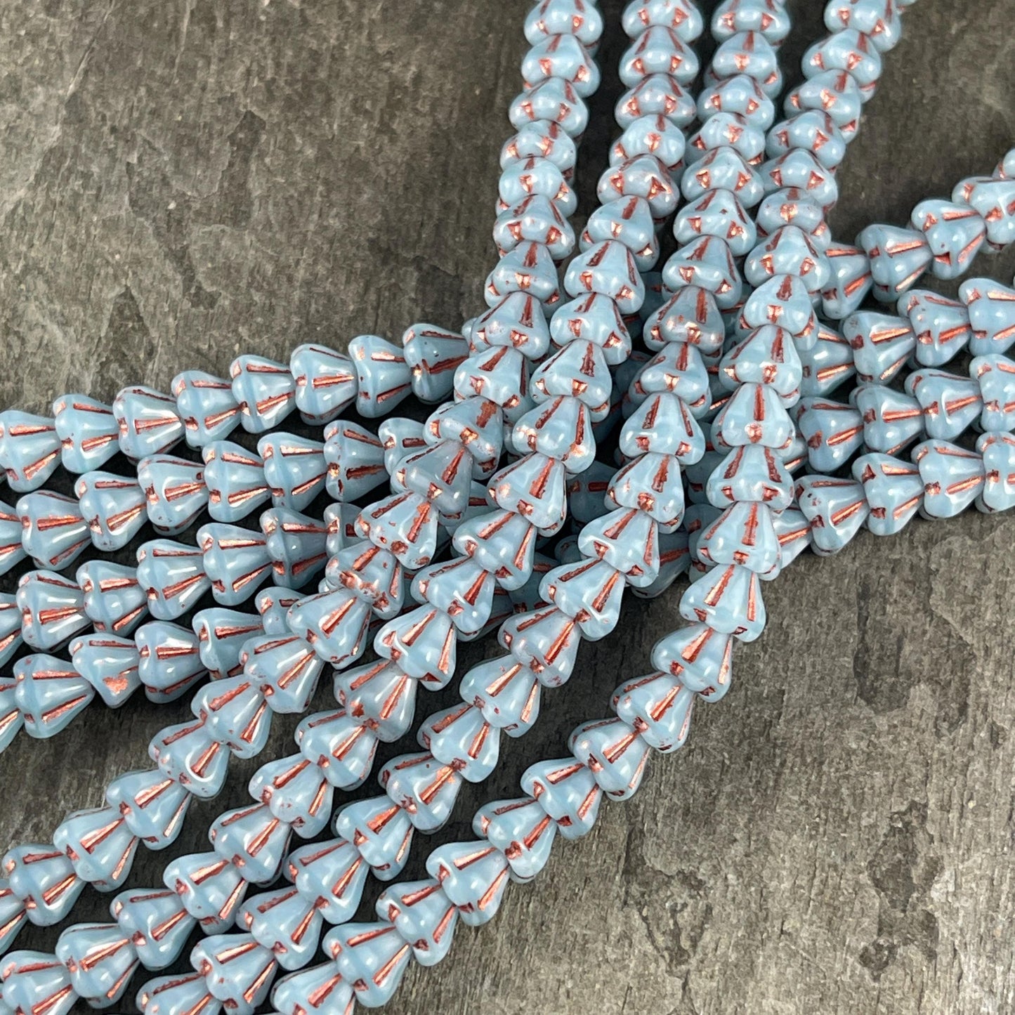 Czech Glass Beads - 6x4mm Baby Bell Flower, Aqua Blue and Copper (BFlo-x3) * 30 Beads