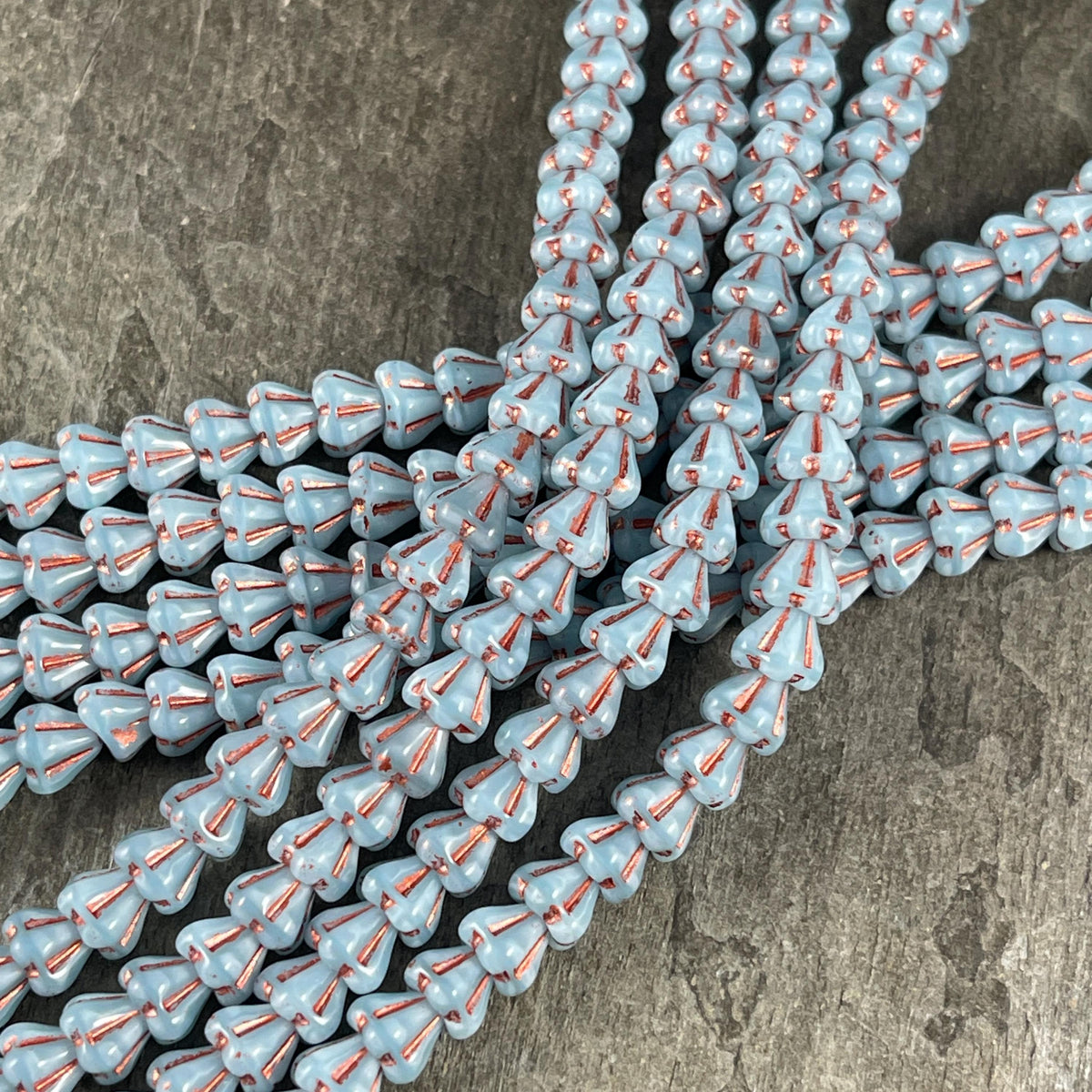 Czech Glass Beads - 6x4mm Baby Bell Flower, Aqua Blue and Copper (BFlo-x3) * 30 Beads