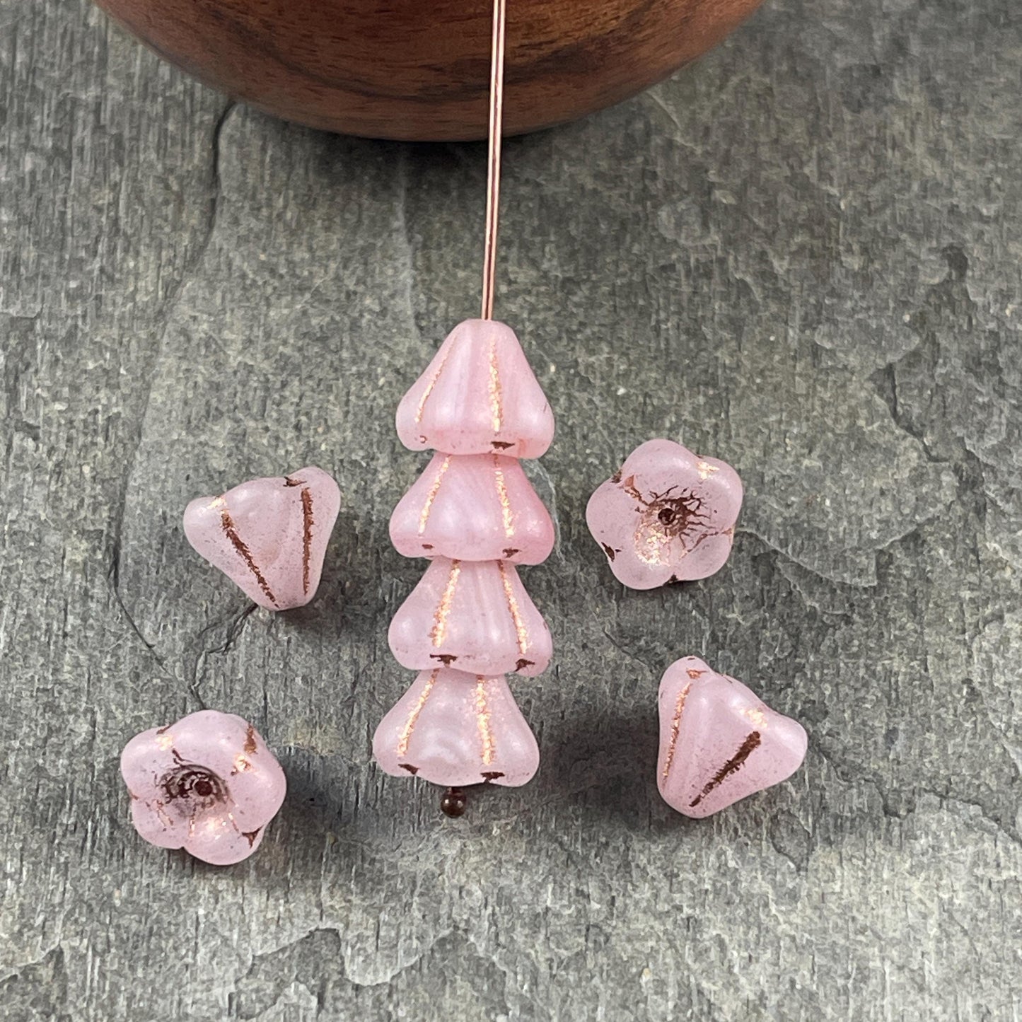 Czech Glass Beads - 8x10mm Bell Flower, Matte Pink and White (BFlo-x12) * 20 Beads